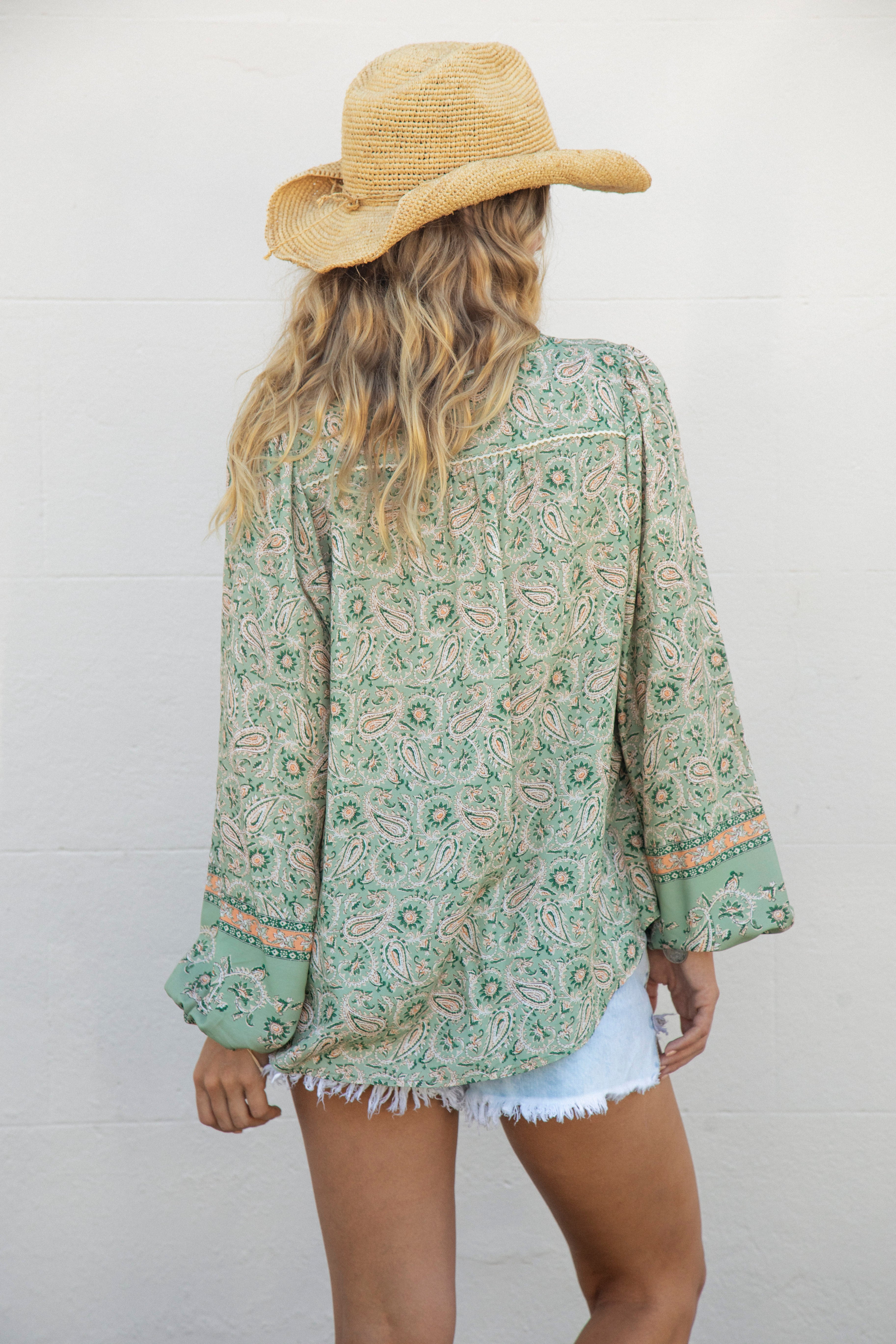 Les Fleur Blouse Sage Paisley Rear View