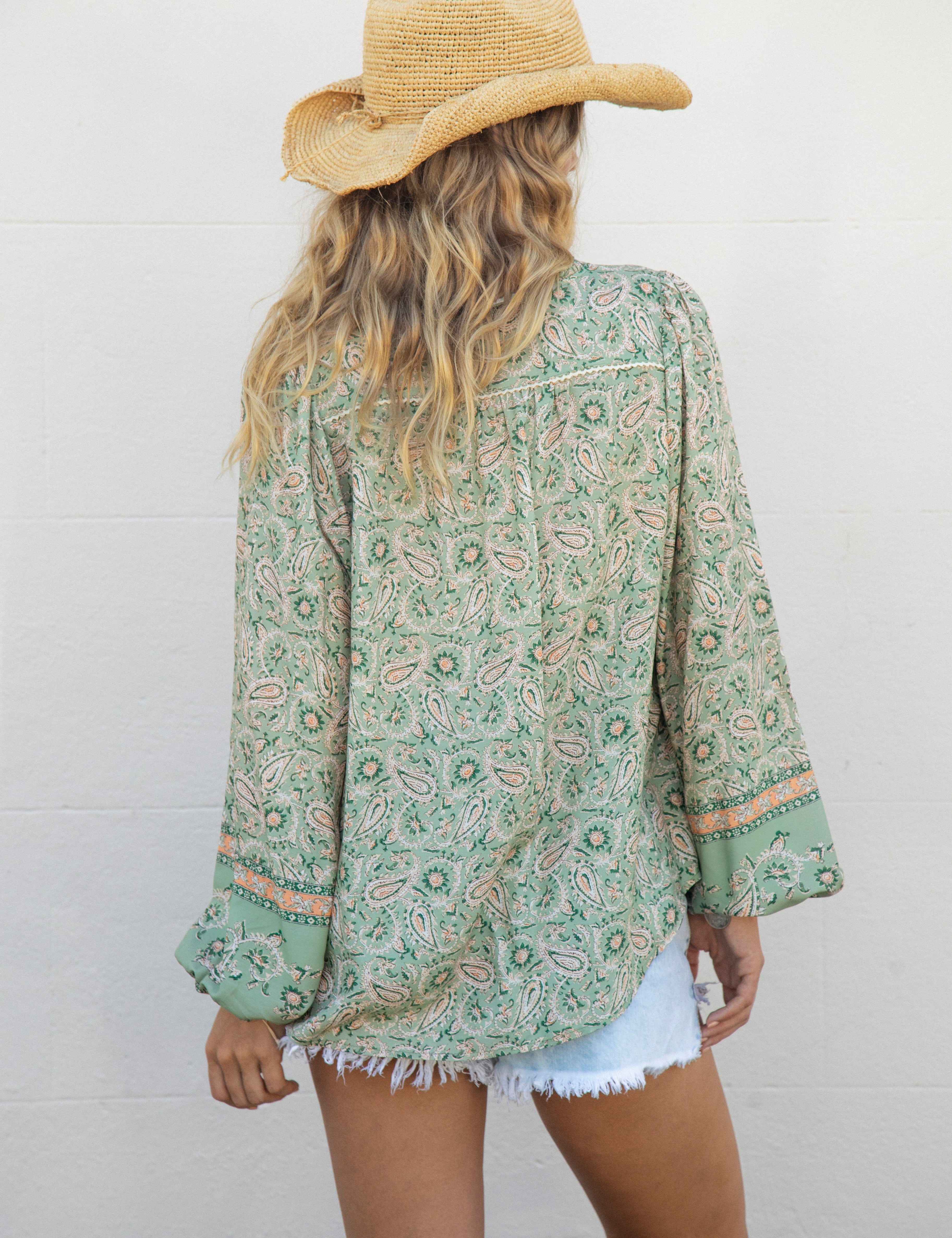 Les Fleur Blouse Sage Paisley Rear View