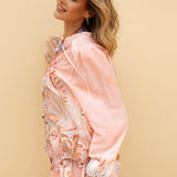 Les Fleur Blouse Sorbet - side view showcasing billowy sleeves and lace detail on cuff