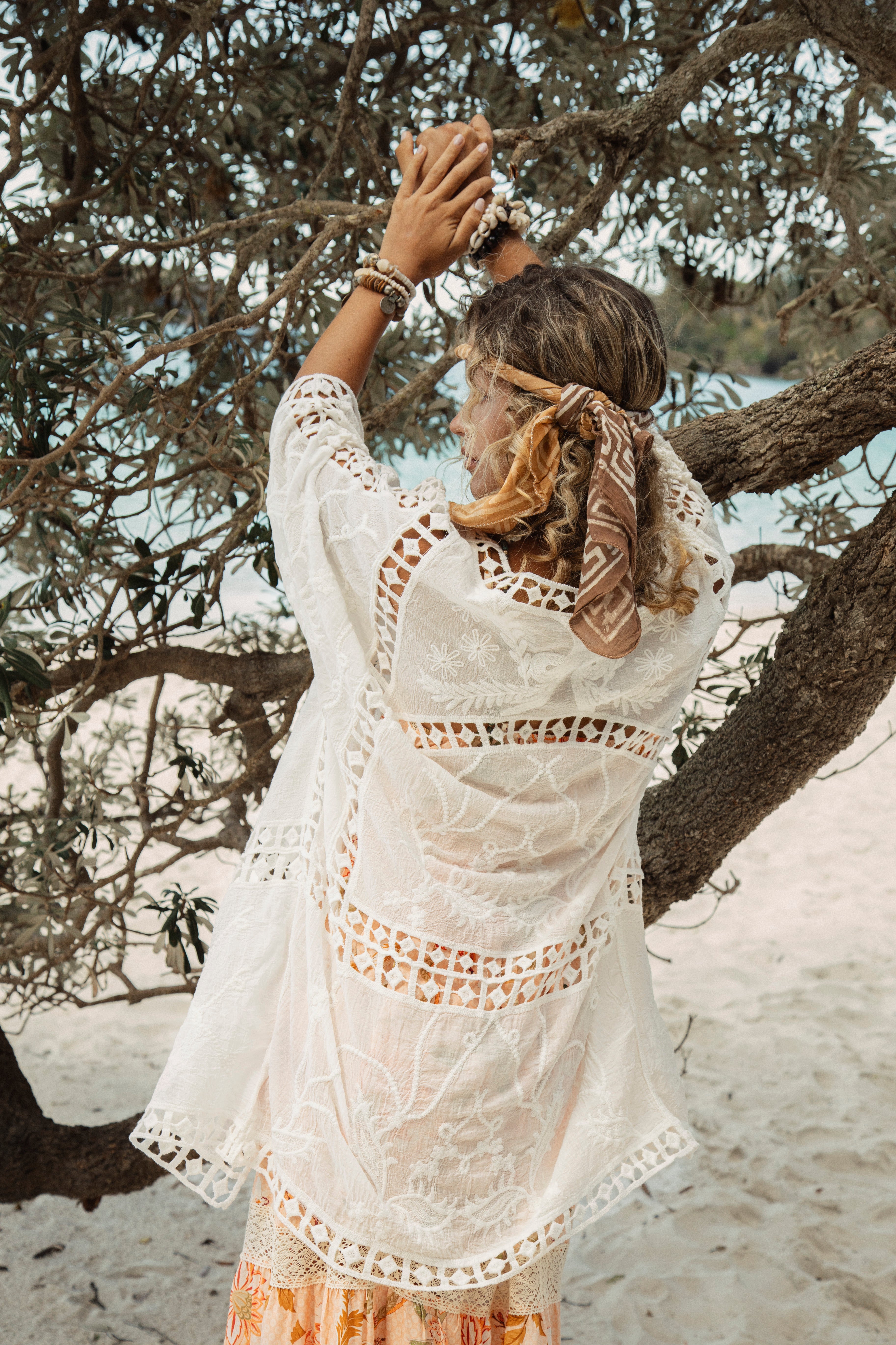 Lina Lace Kimono Lotus showcasing embroidered pattern and lace detail throughout