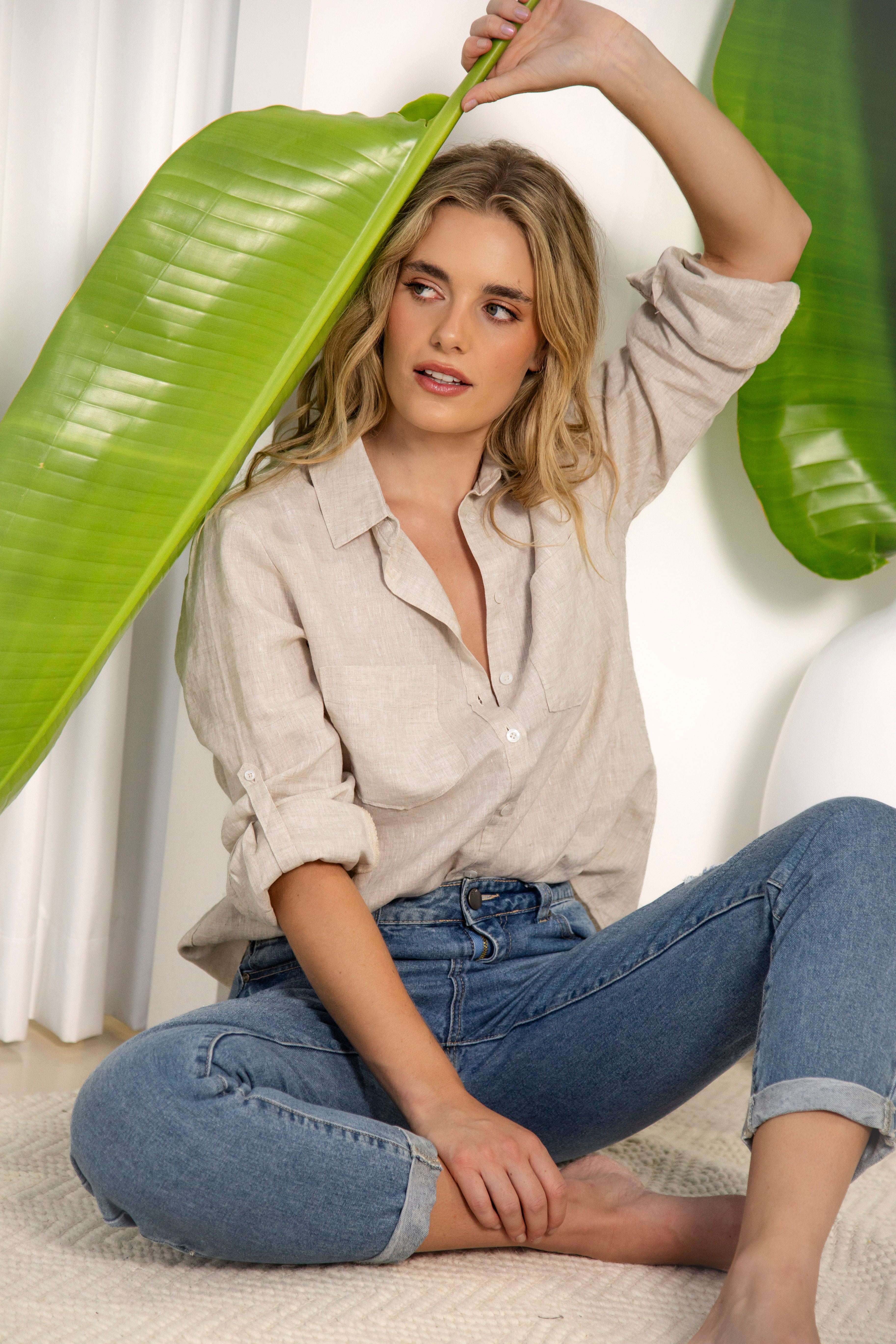 Liza Linen Shirt Oat features double pockets at chest, roll up sleeves with buttons and natural colourway