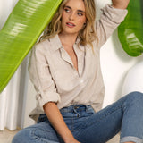 Liza Linen Shirt Oat features double pockets at chest, roll up sleeves with buttons and natural colourway