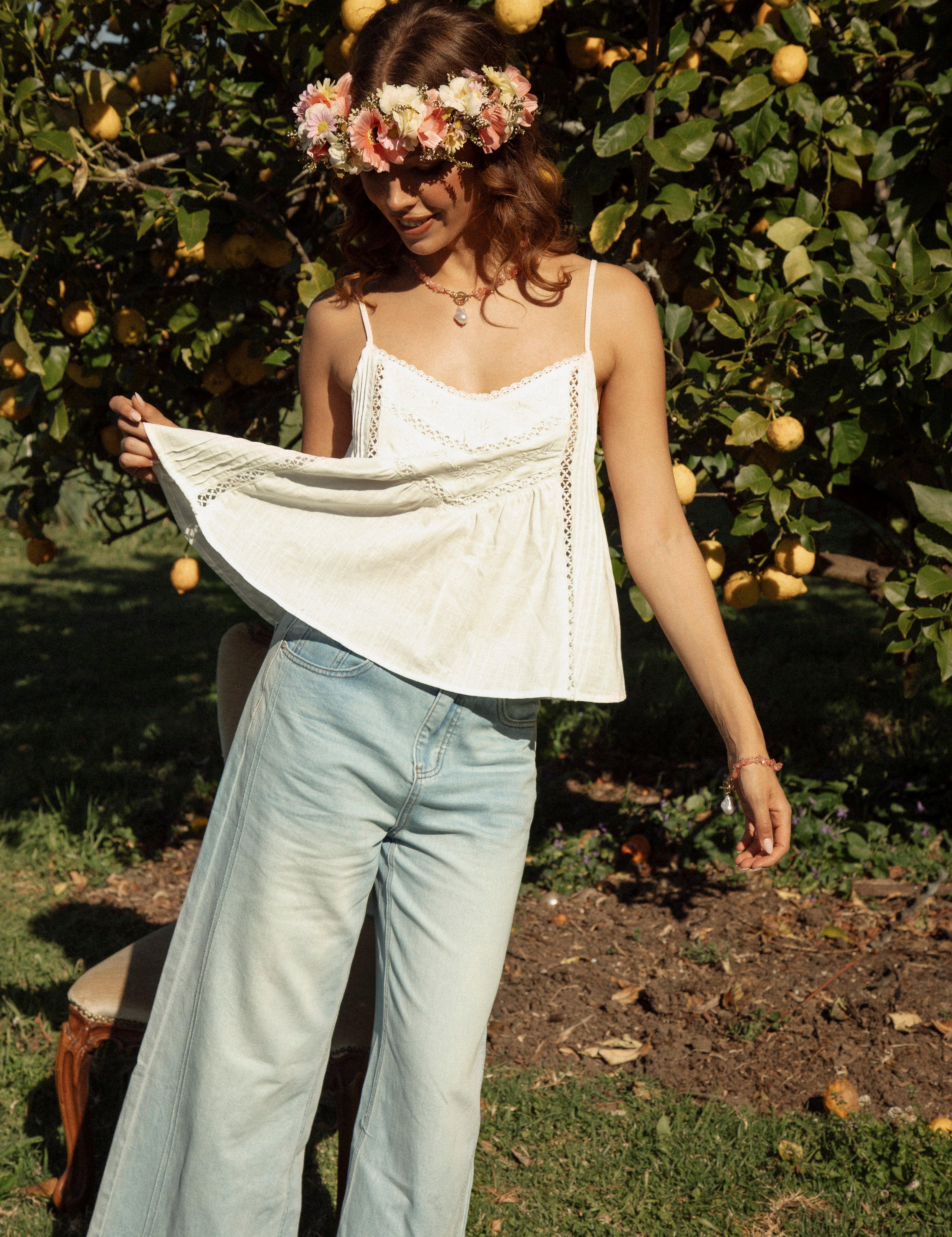 Lola Cami Vanilla  - white camisole featuring lace and embroidery detail