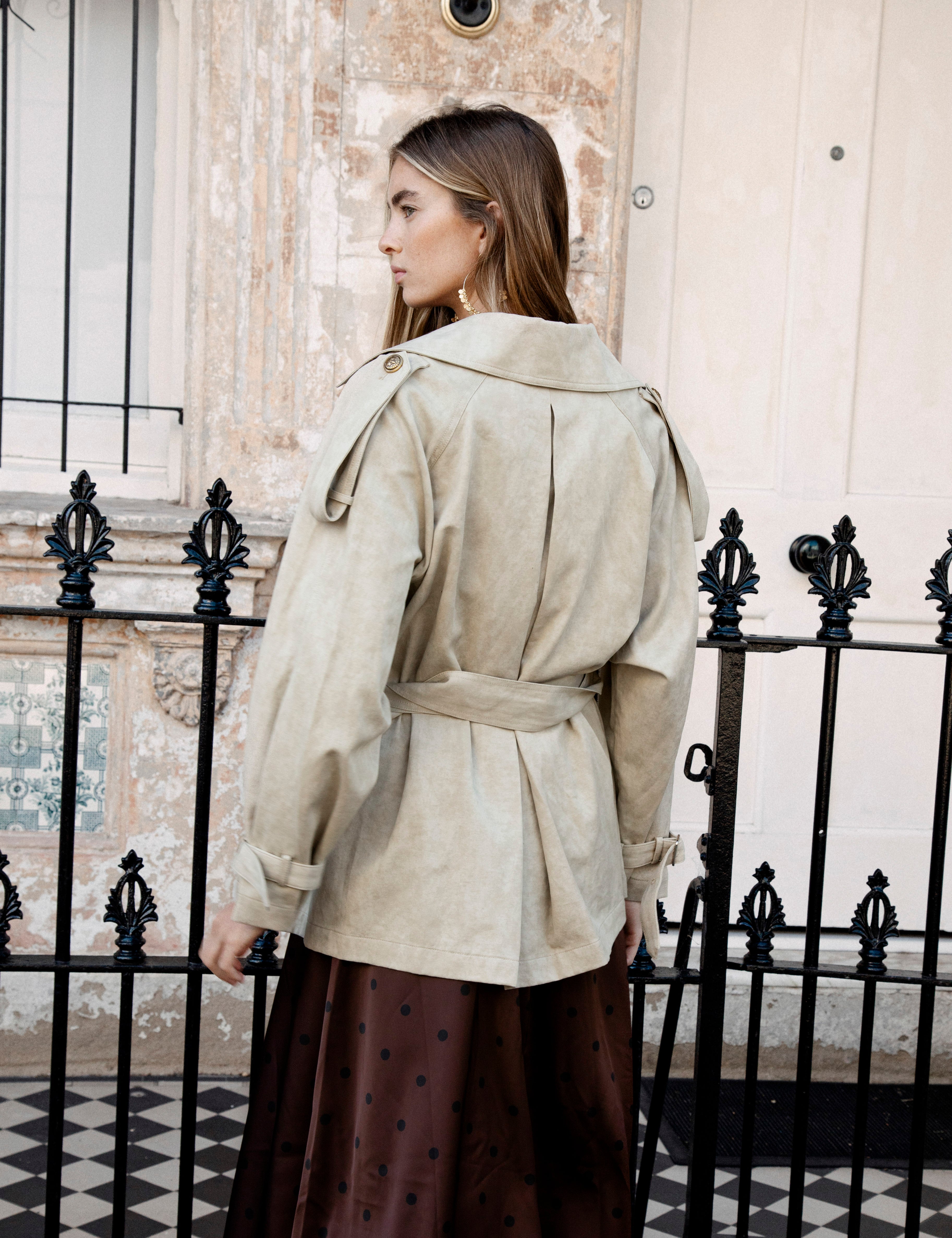 Lumae Trench Coat - rear view showcasing trench style and mid length