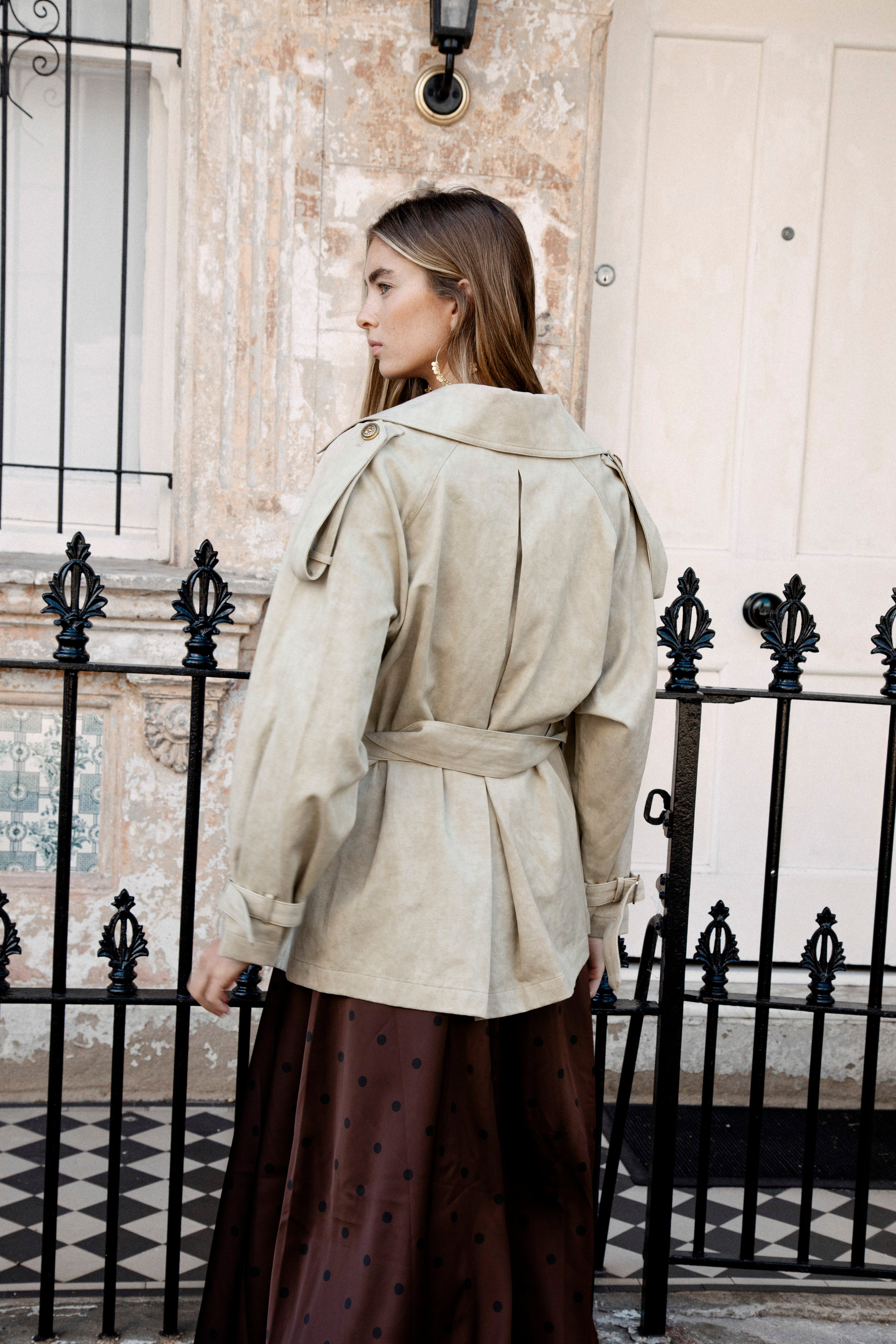 Lumae Trench Coat - rear view showcasing trench style and mid length