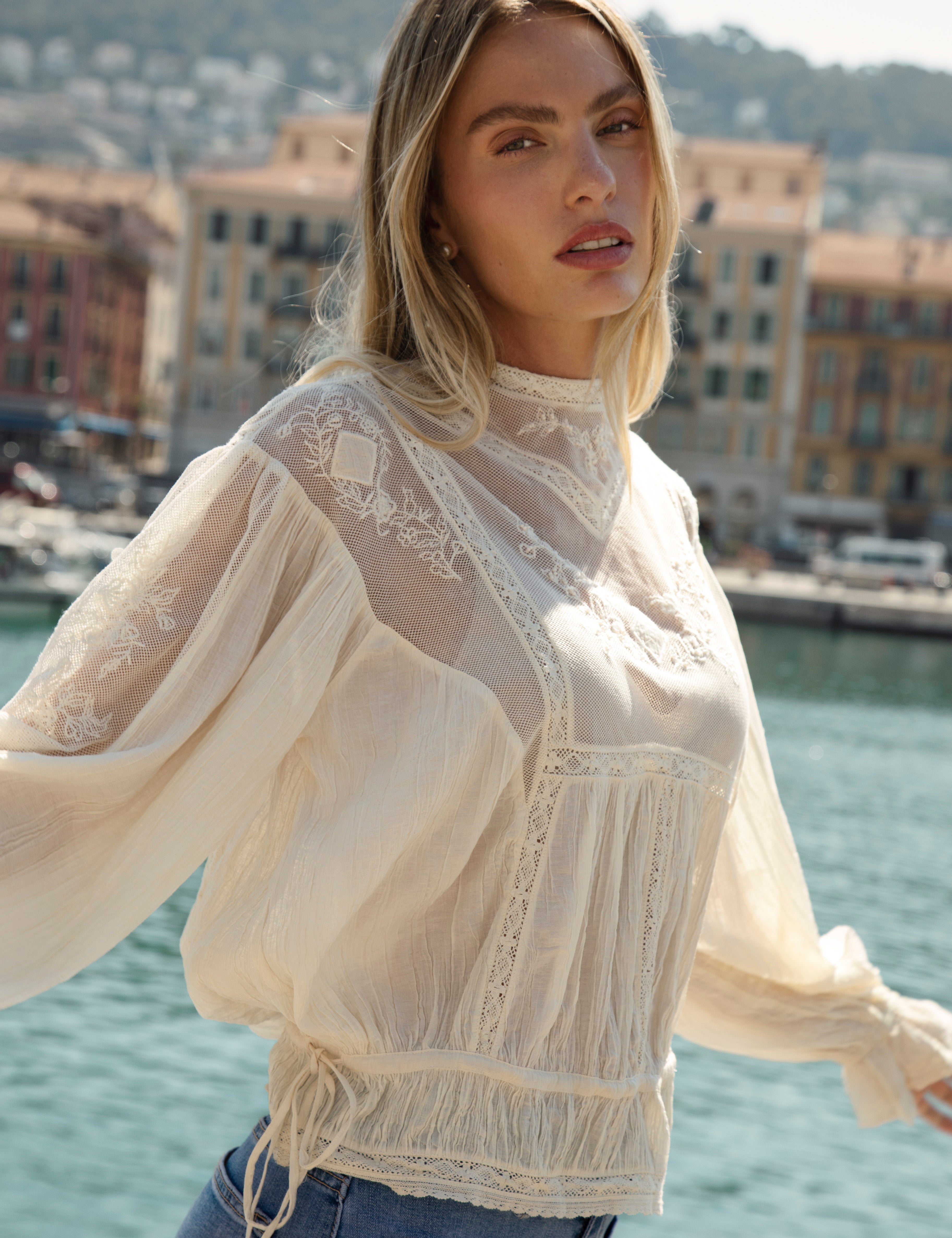 Lumiere Blouse - cream coloured long sleeve blouse with delicate lace details