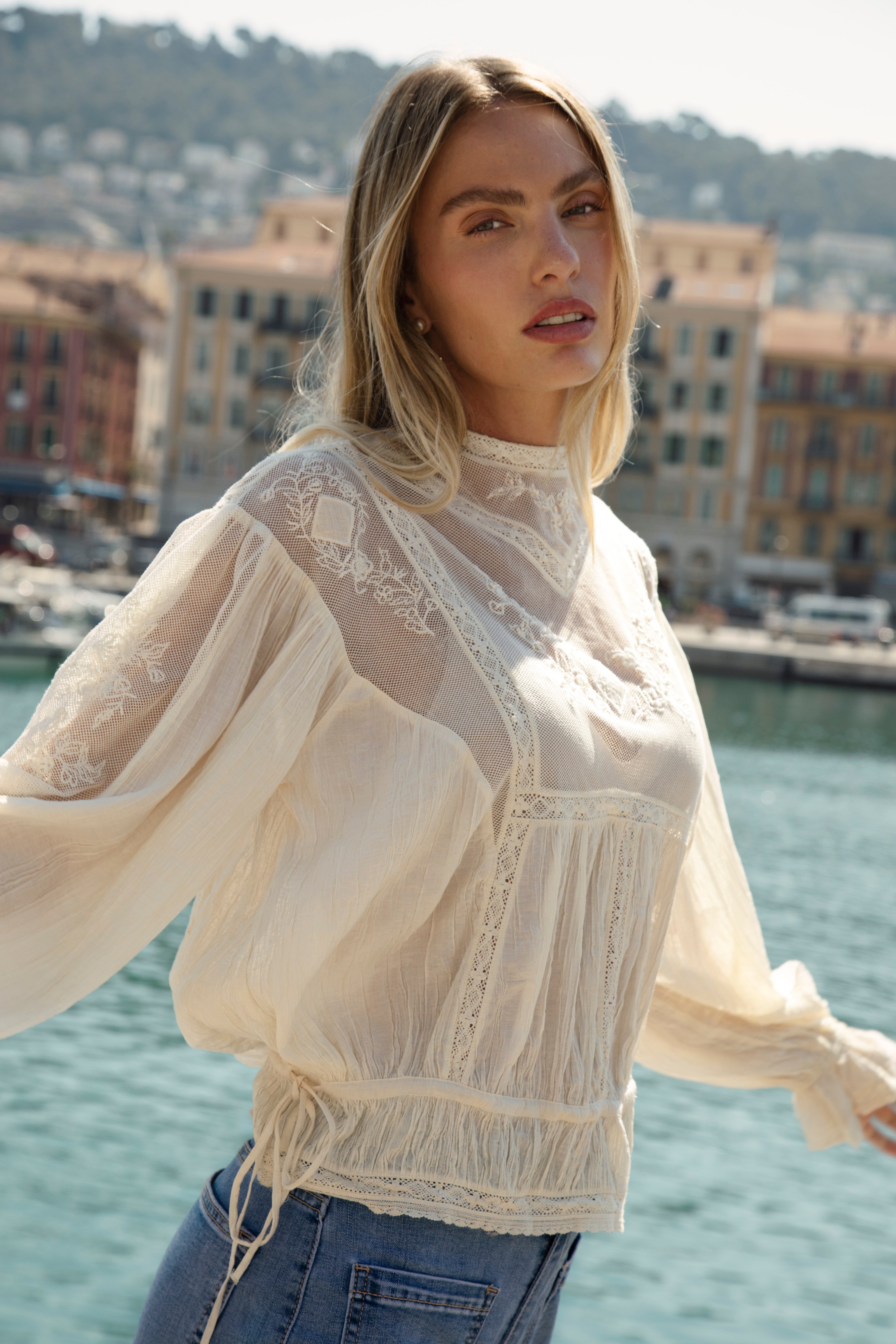 Lumiere Blouse - cream coloured long sleeve blouse with delicate lace details
