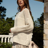 Luna Sweater Cream side view showcasing contrasting knit styles