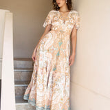 Lyric Dress Pastel Romance - stunning Boho Maxi dress patterned in shades of white, blue and tan