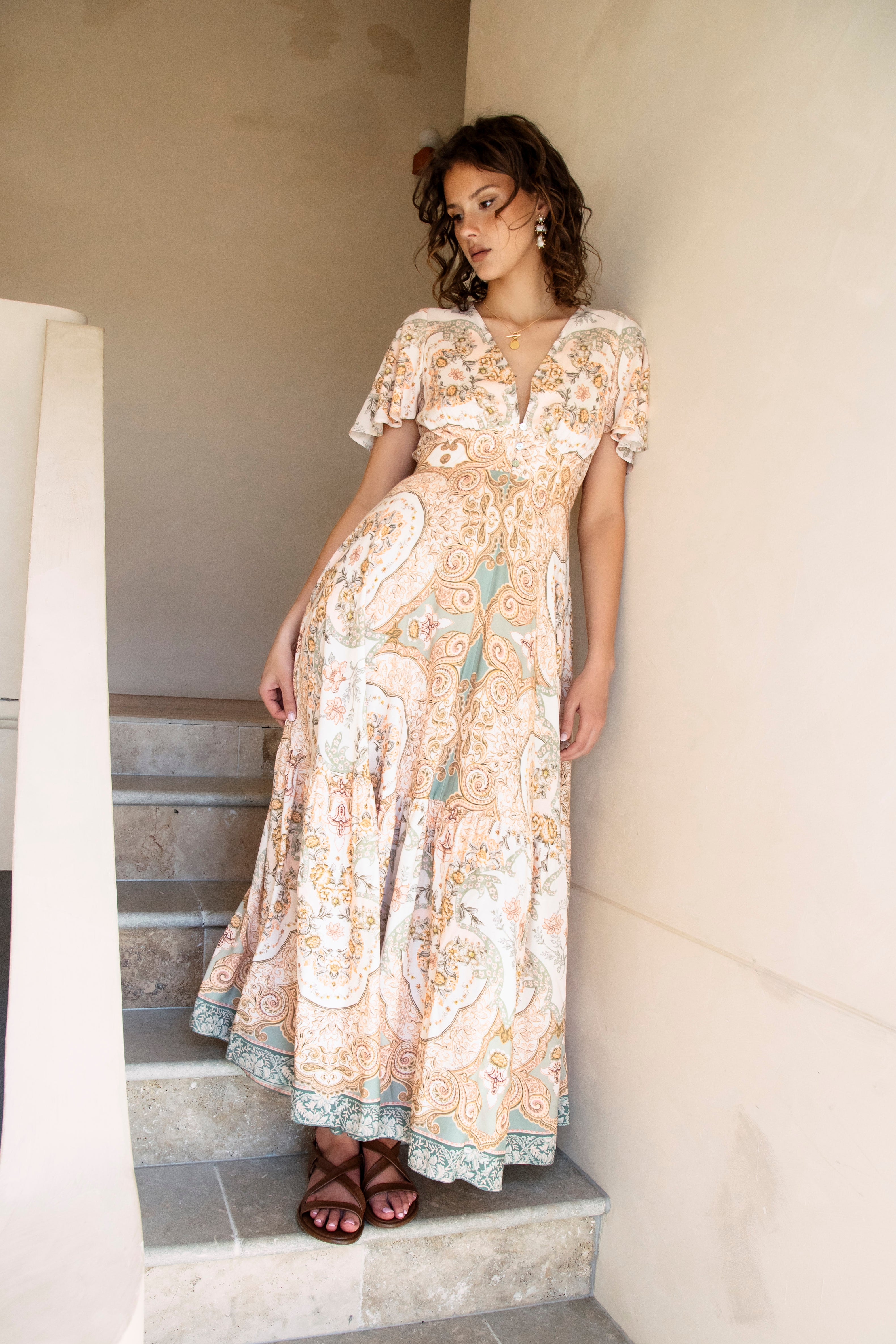 Lyric Dress Pastel Romance - stunning Boho Maxi dress patterned in shades of white, blue and tan