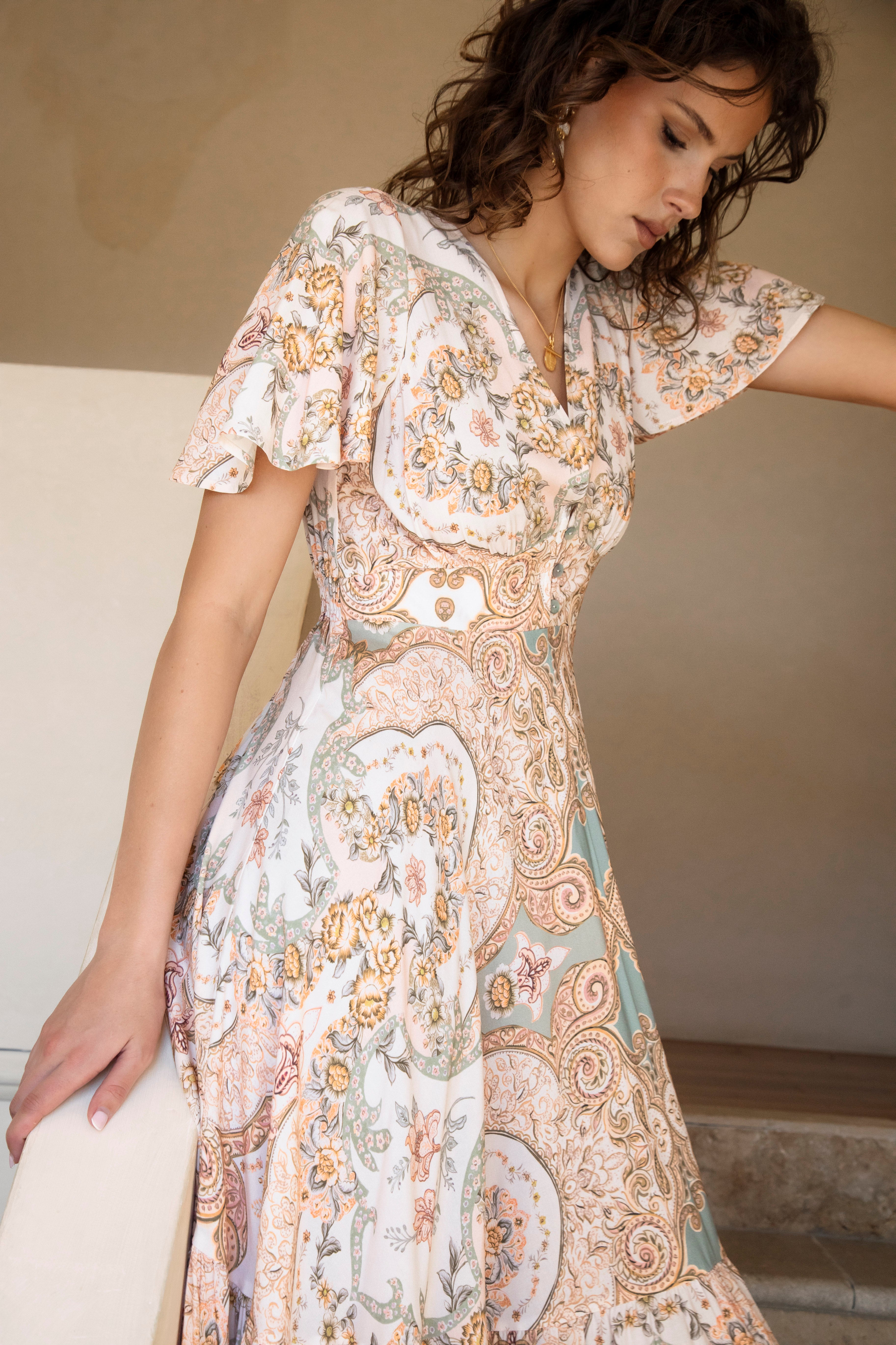 Lyric Dress Pastel Romance - bohemian maxi dress featuring vintage inspired pattern