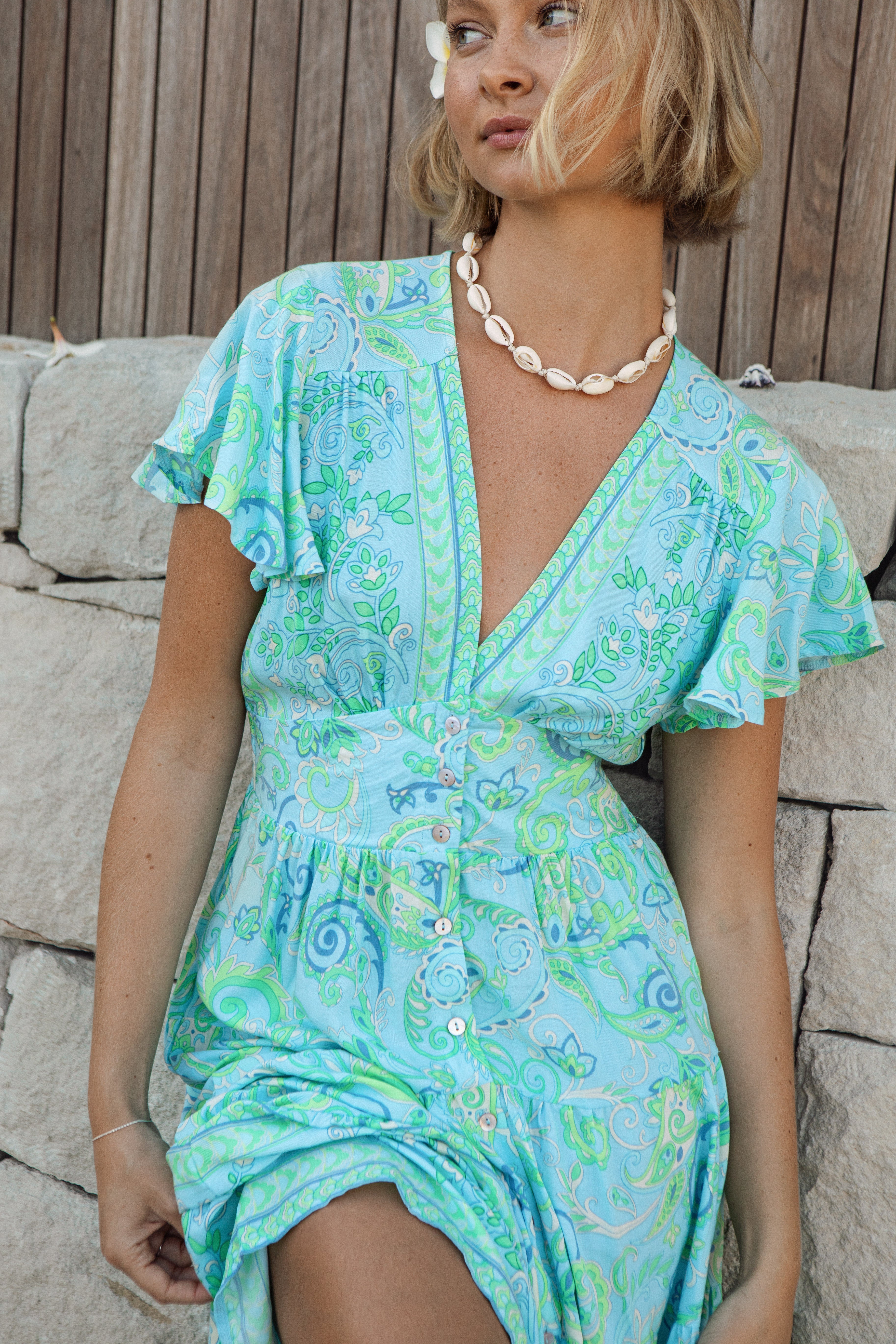 Lyric Midi Dress - Waterlily close up view of floral pattern with contrasting pattern on bodice