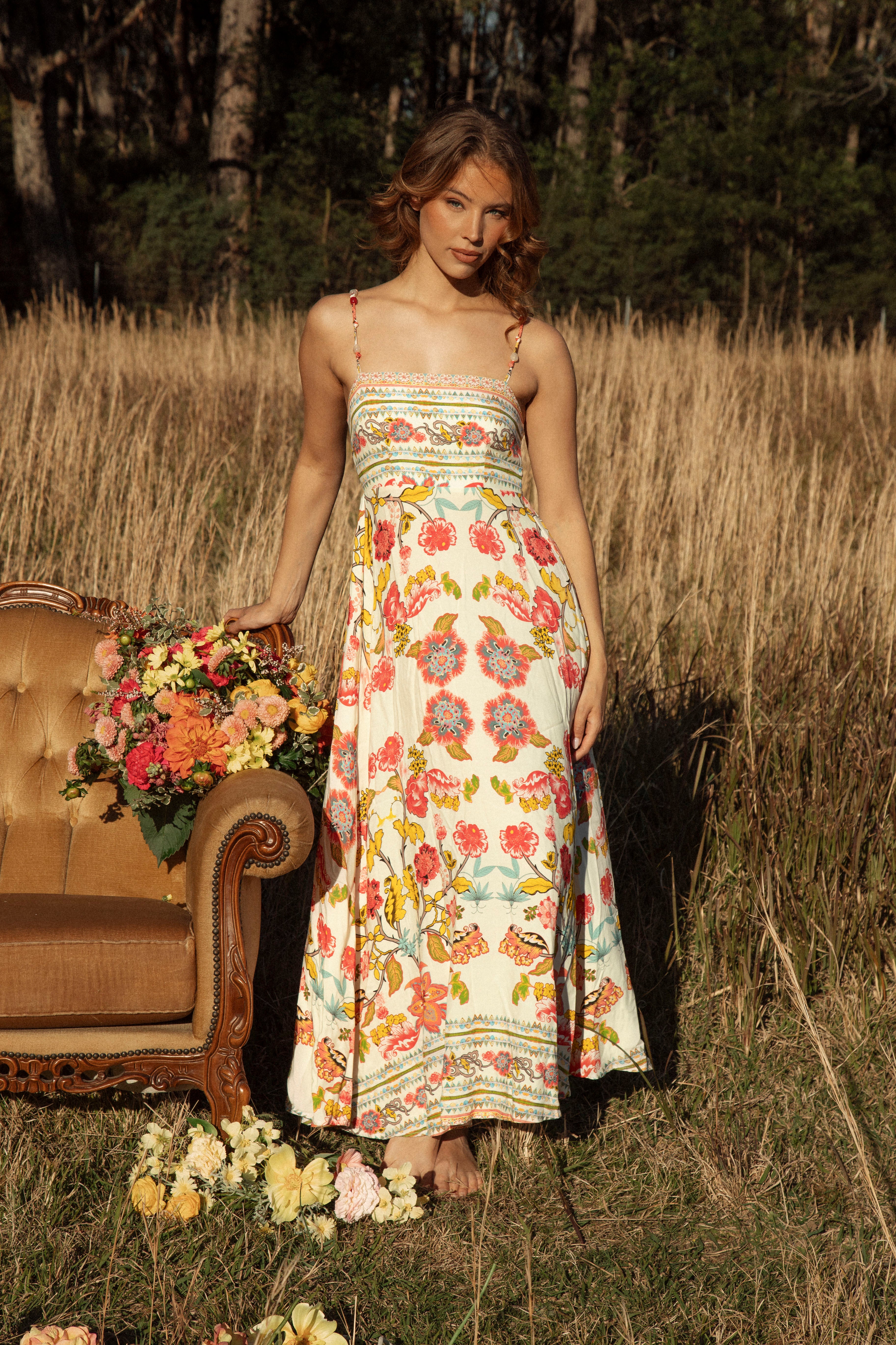Maisie Sundress Golden Bloom- Maxi length sundress with fitted bodice, spaghetti straps and Boho floral pattern
