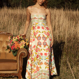 Maisie Sundress Golden Bloom- Maxi length sundress with fitted bodice, spaghetti straps and Boho floral pattern
