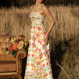 Maisie Sundress Golden Bloom - side view of Boho floral pattern and contrasting trim on bodice and hem