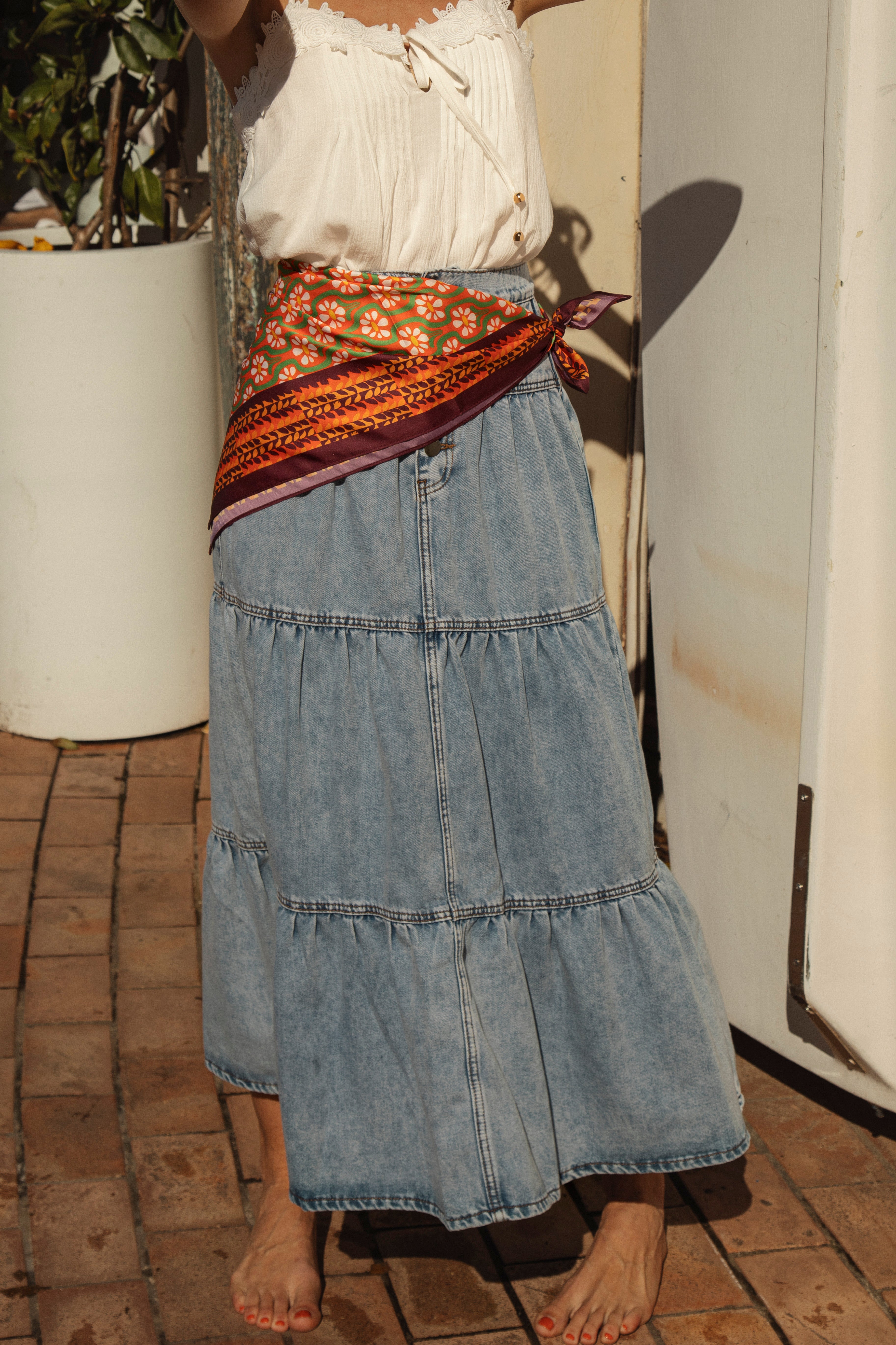 Majorca Scarf - Pomelo worn tied at waist