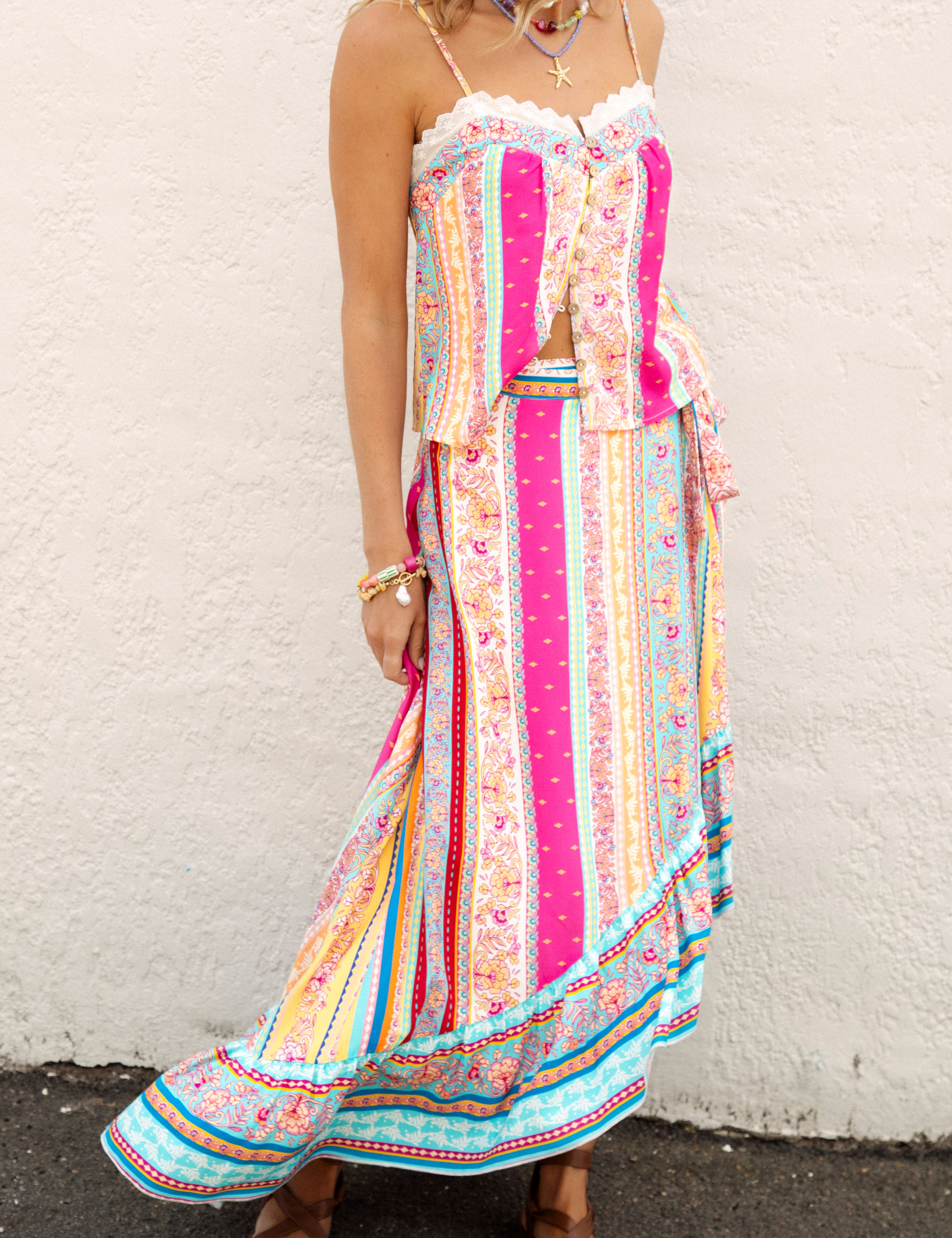 Marea Wrap Skirt Sun Drenched Stripe - Boho skirt featuring floral striped pattern in vibrant shades of pink, blue and yellow.