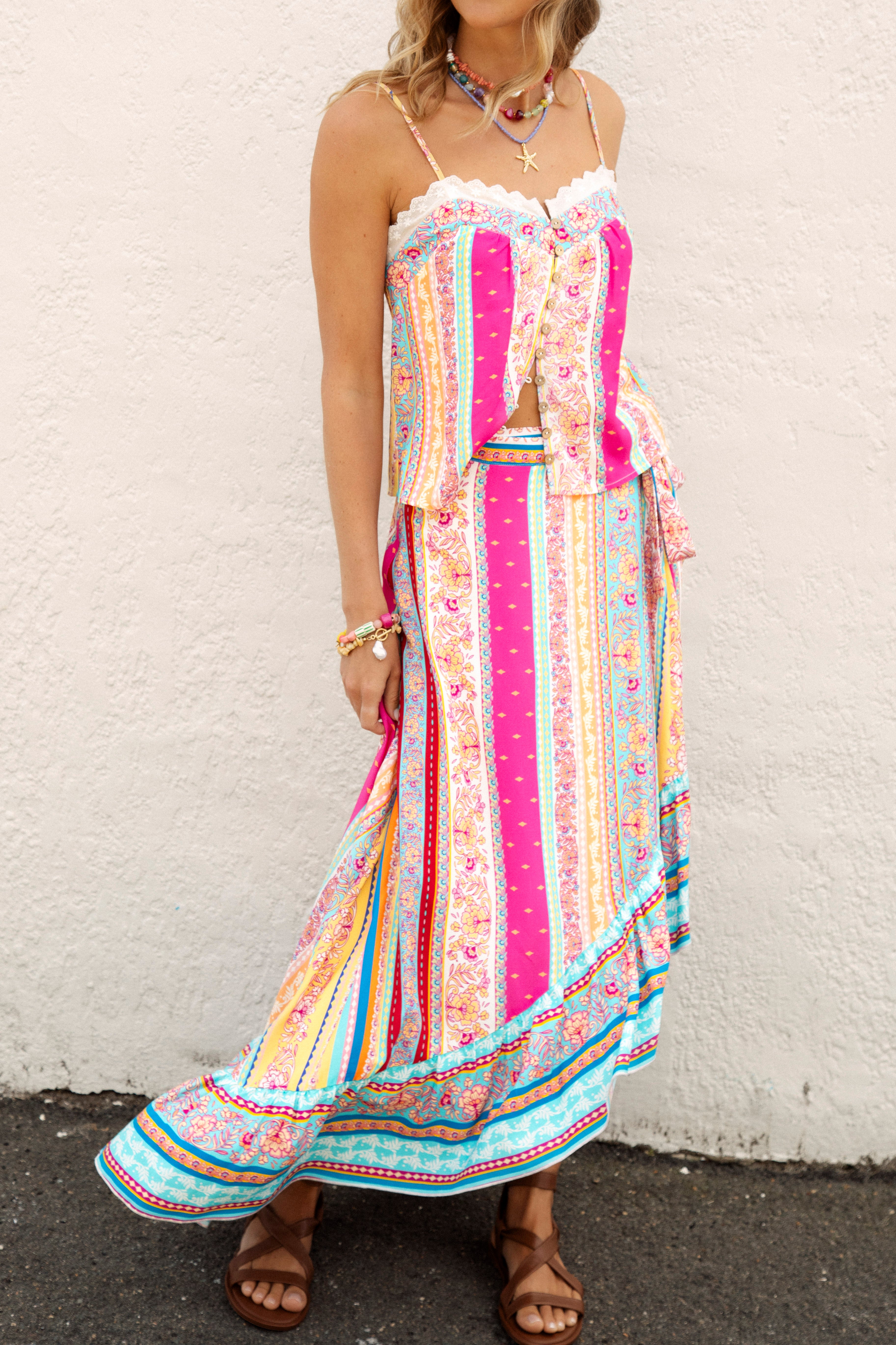 Marea Wrap Skirt Sun Drenched Stripe - Boho skirt featuring floral striped pattern in vibrant shades of pink, blue and yellow.