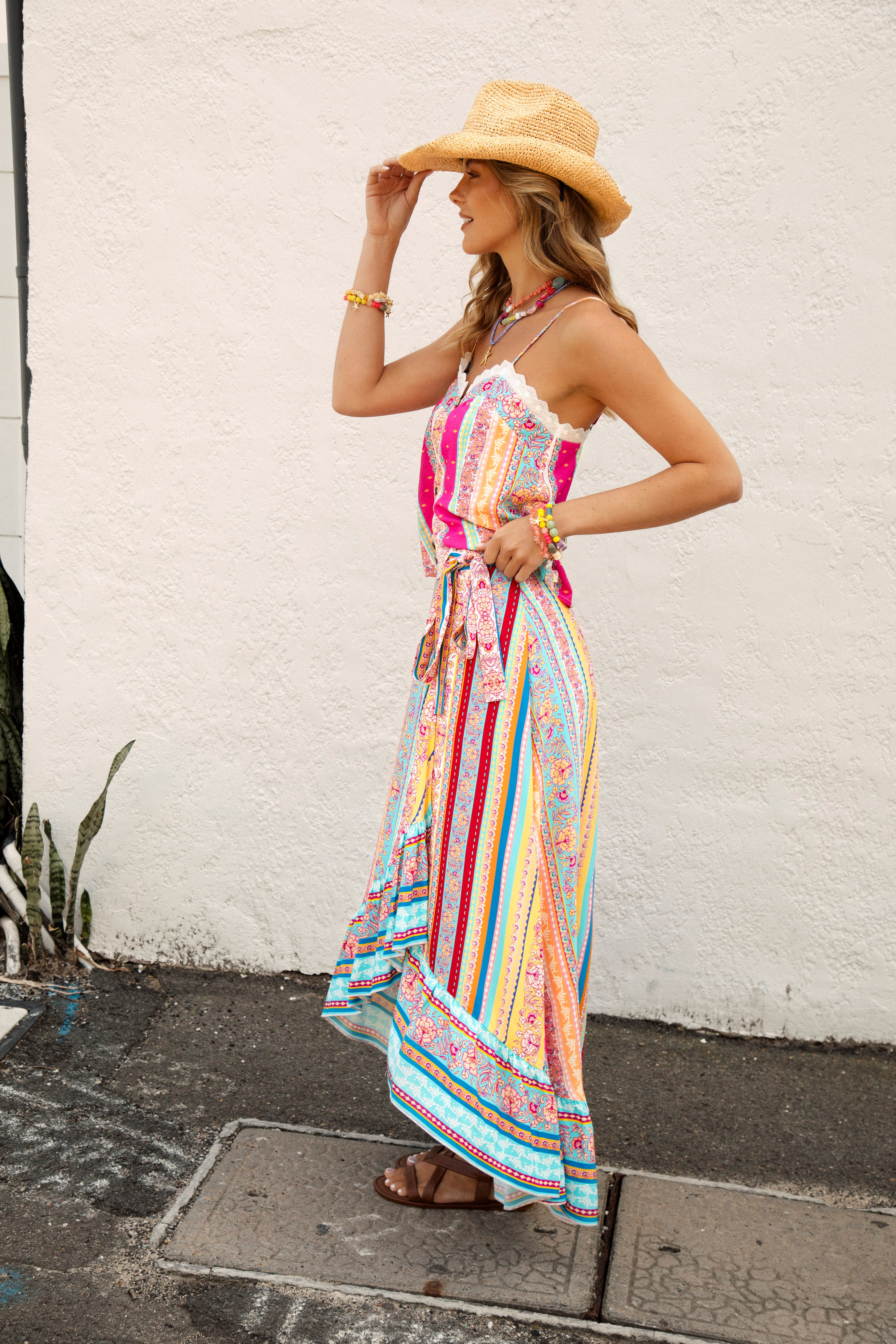 Marea Wrap Skirt Sun Drenched Stripe - side view showcasing tie waist and wrap style