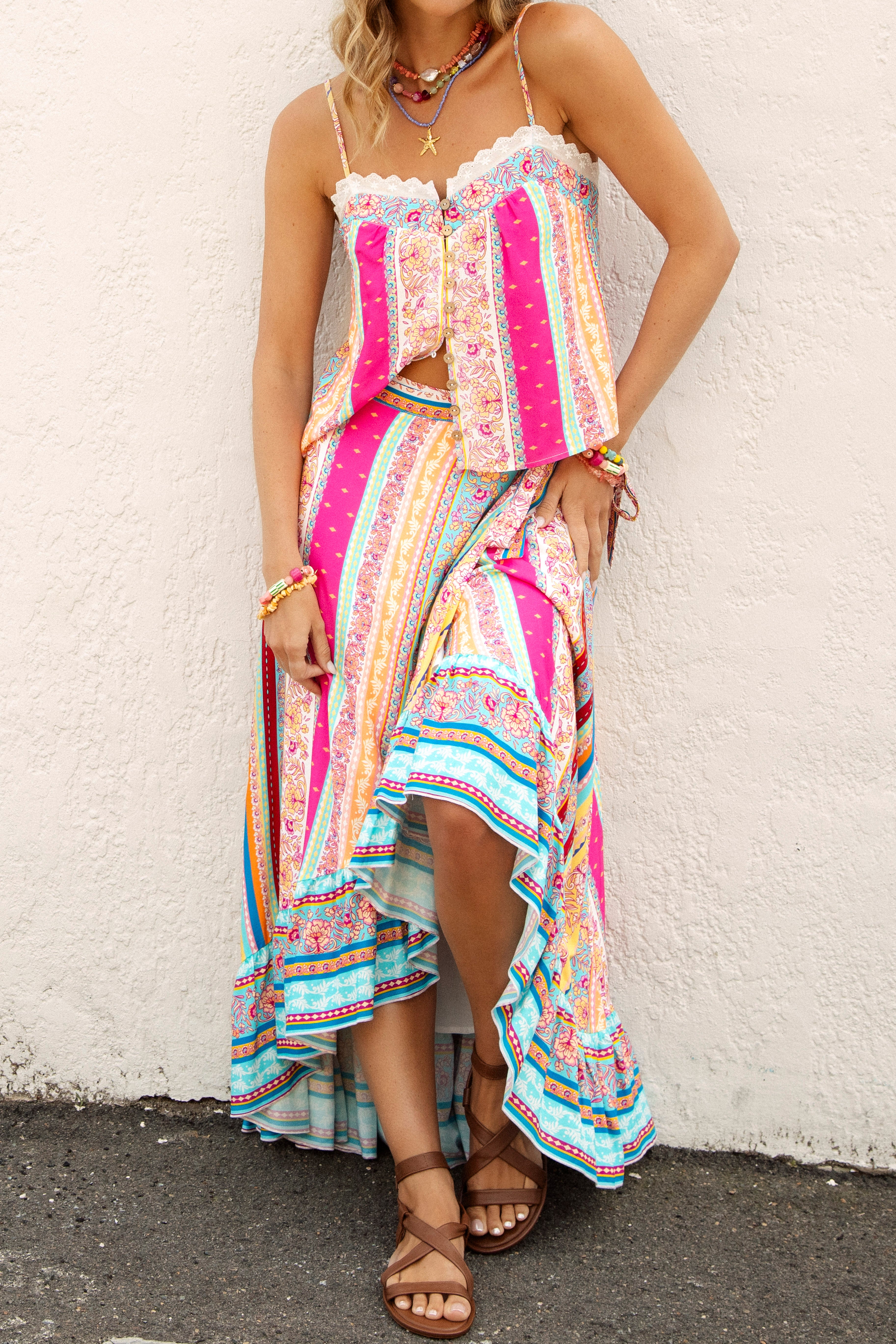 Marea Wrap Skirt Sun Drenched Stripe worn with matching Tilly Camisole