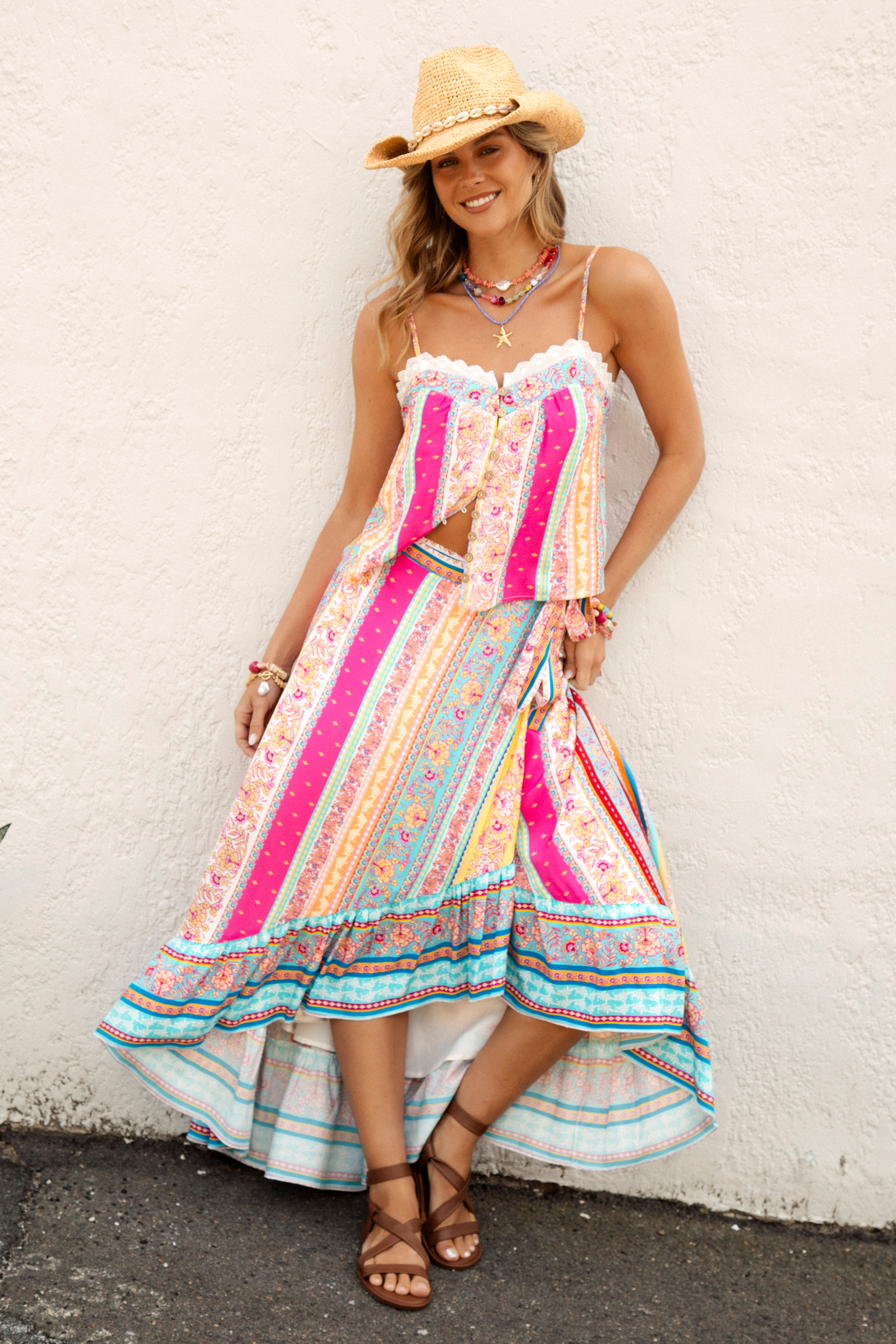 Marea Wrap Skirt Sun Drenched Stripe - Bohemian style wrap skirt in vibrant striped pattern with contrasting trim