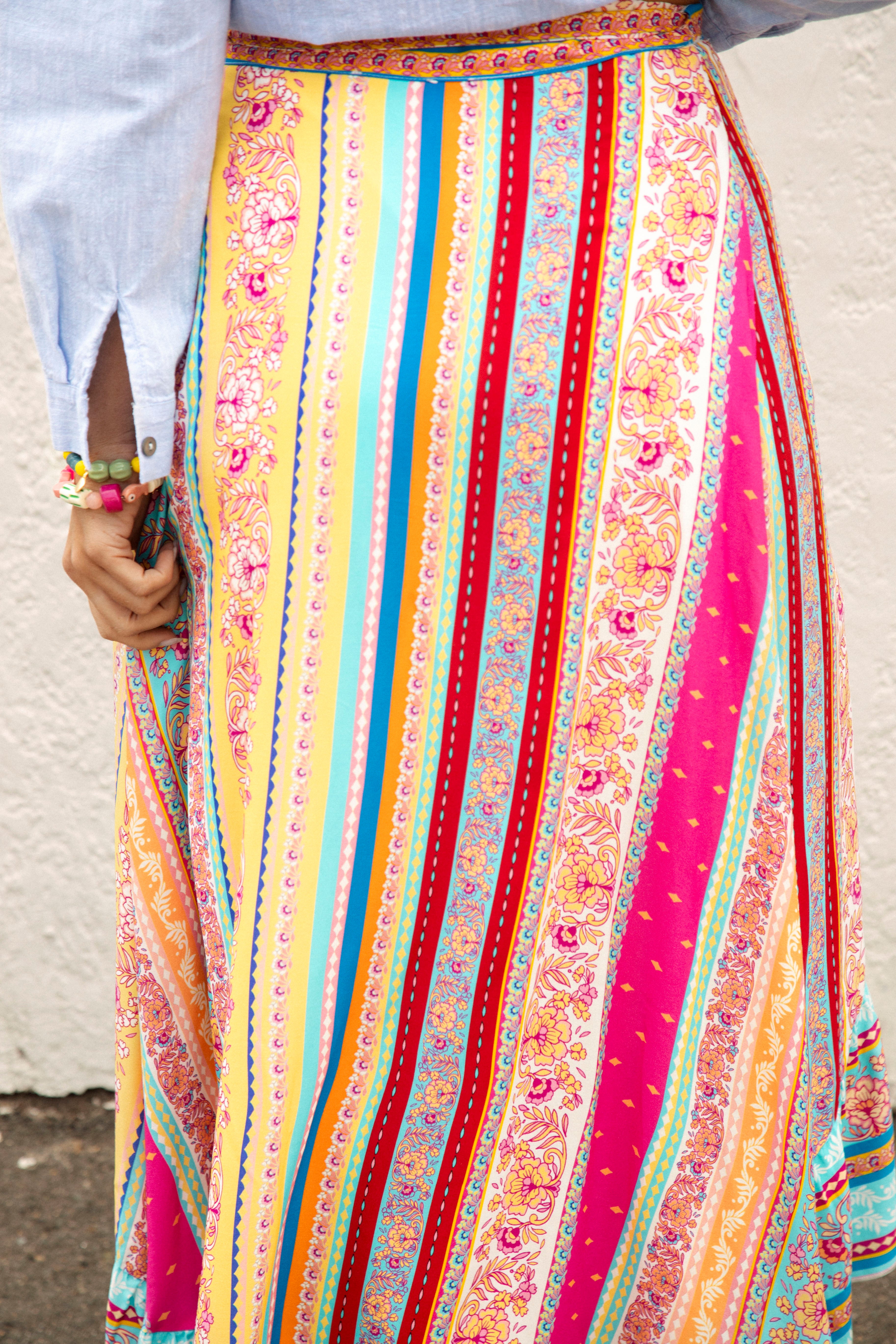 Marea Wrap Skirt Sun Drenched Stripe - close up view of vibrant boho floral striped pattern