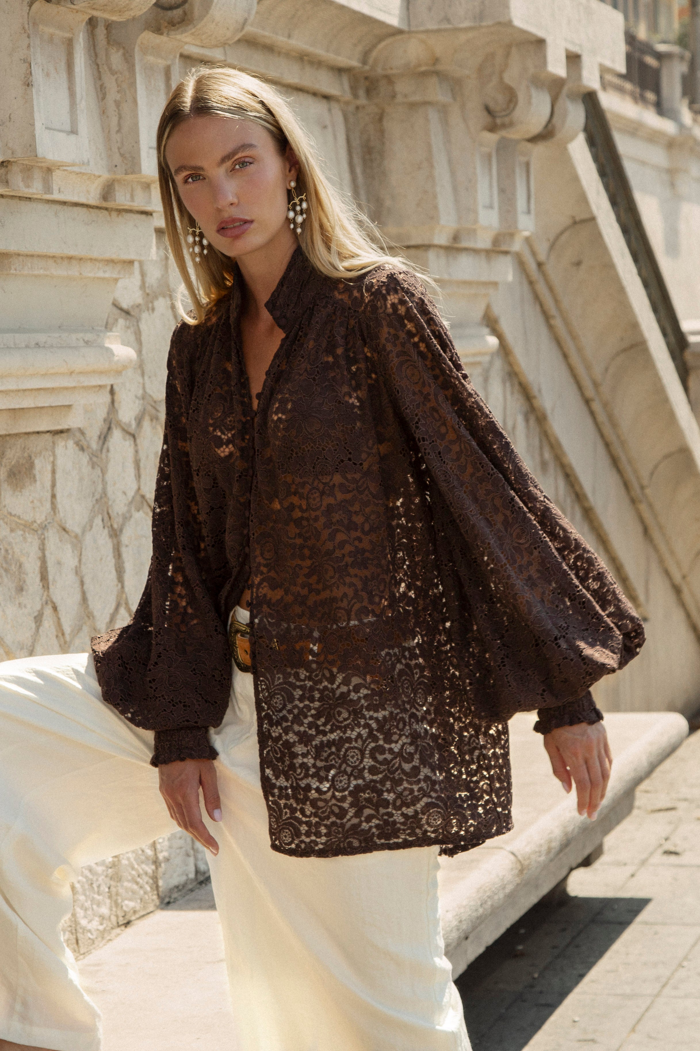 Margot Lace Blouse Espresso - a stunning long sleeve blouse crafted from lace in a chocolate brown colourway