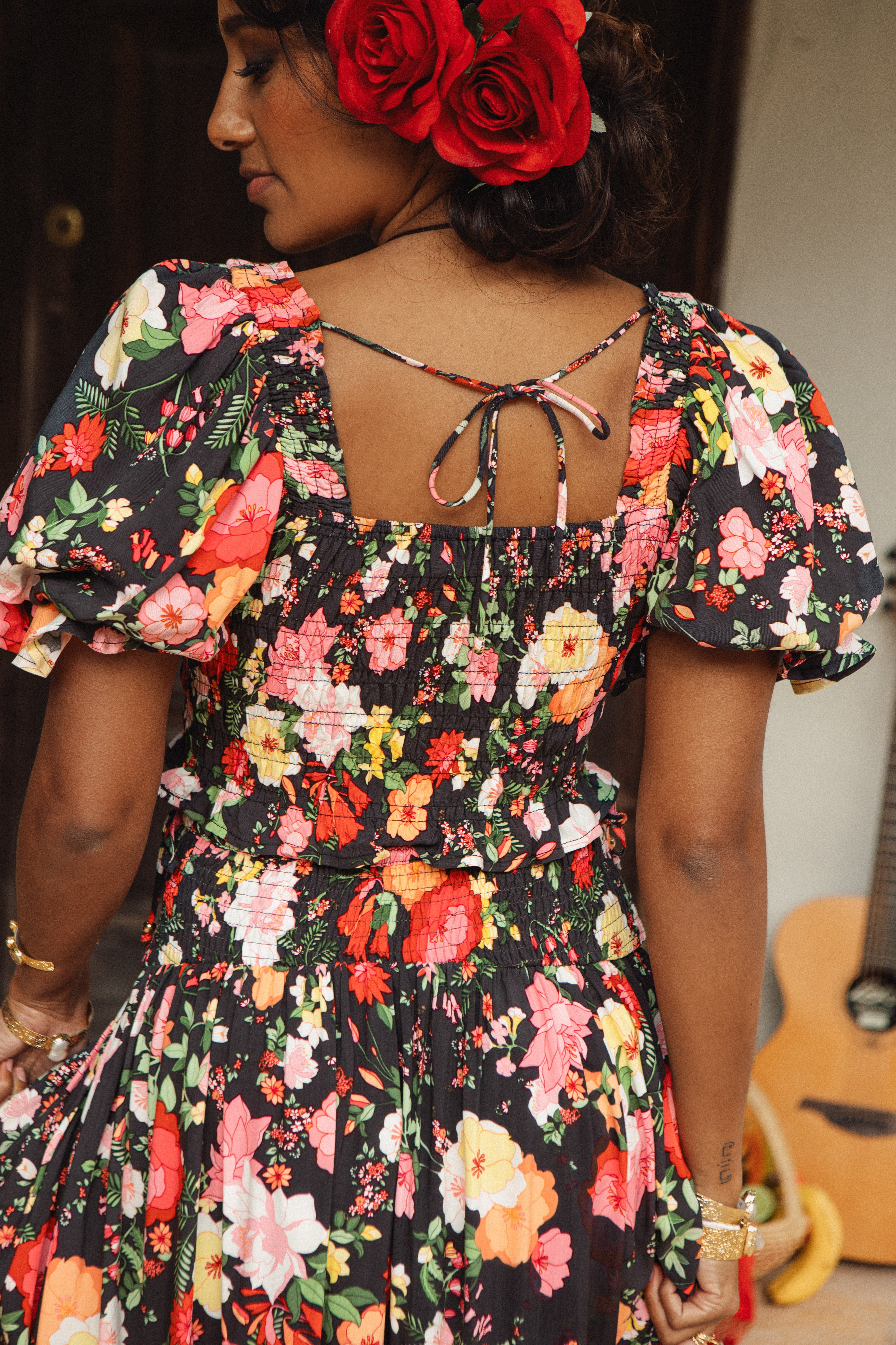 Mariana Top Flamenco Rear View featuring shirred bodice and tie closure