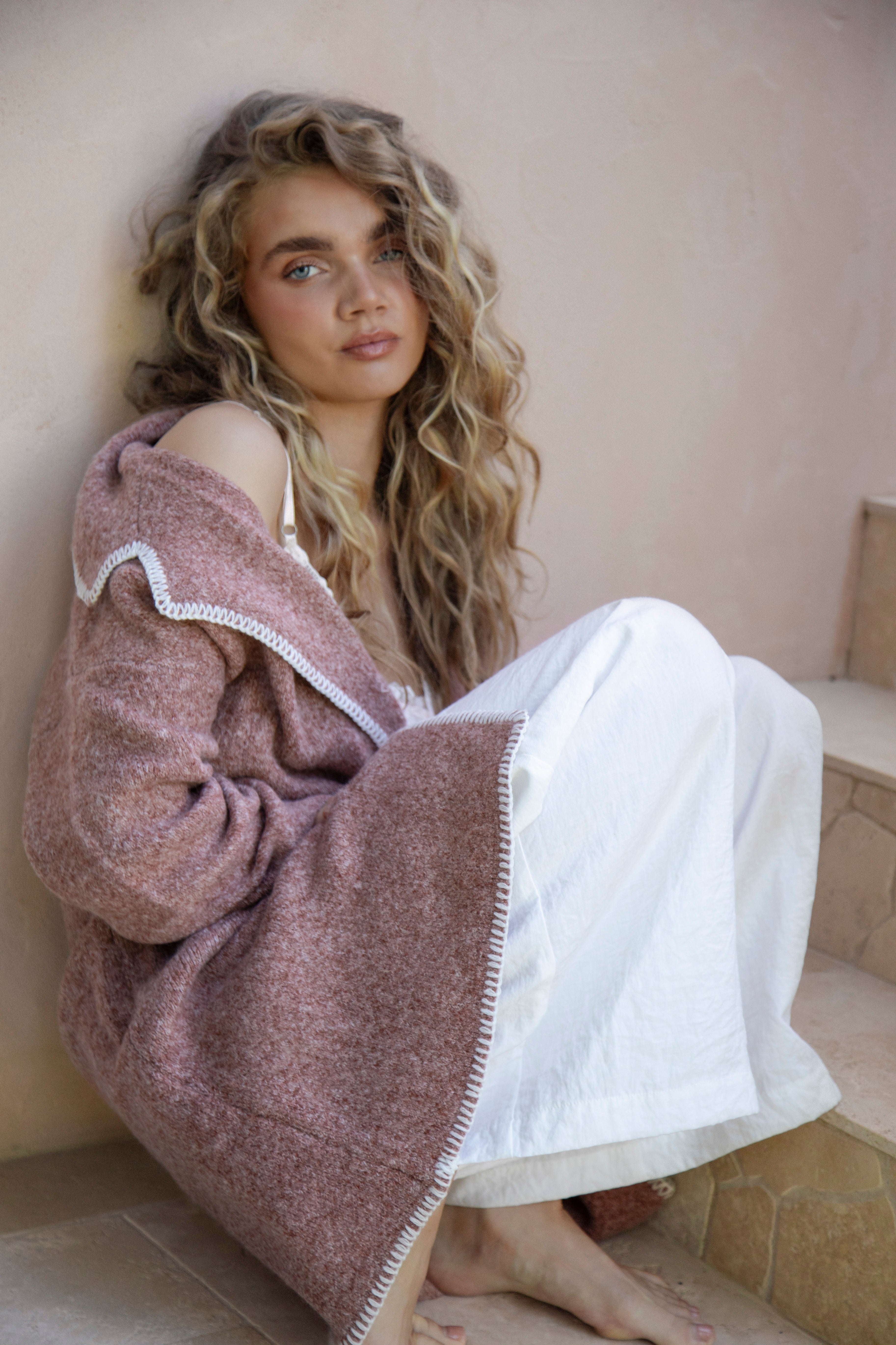Mariella Blanket Stitch Cardigan worn with white cami and linen pants.