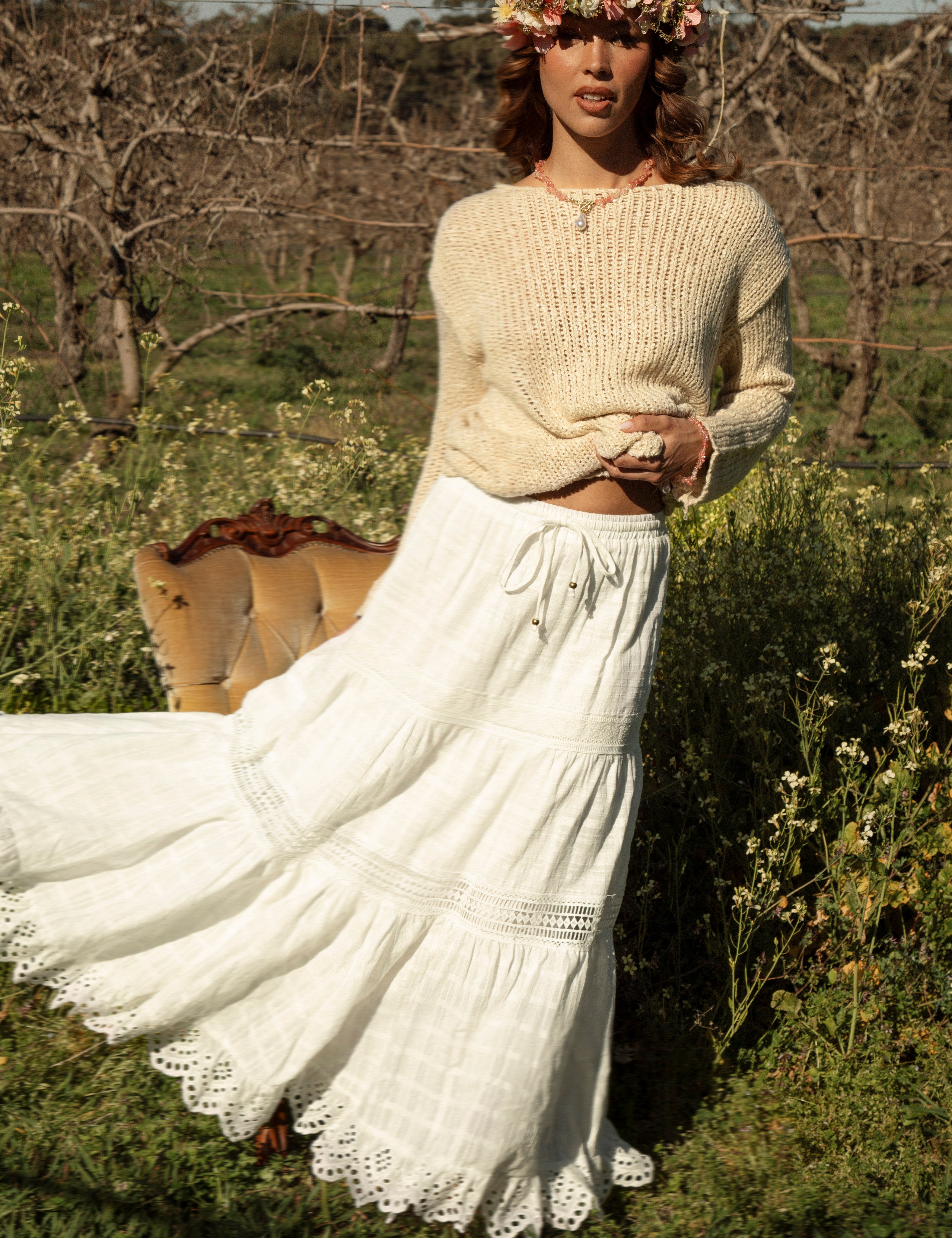 Marigold Cotton Maxi Skirt - boho style maxi skirt featuring lace details and drawstring waist