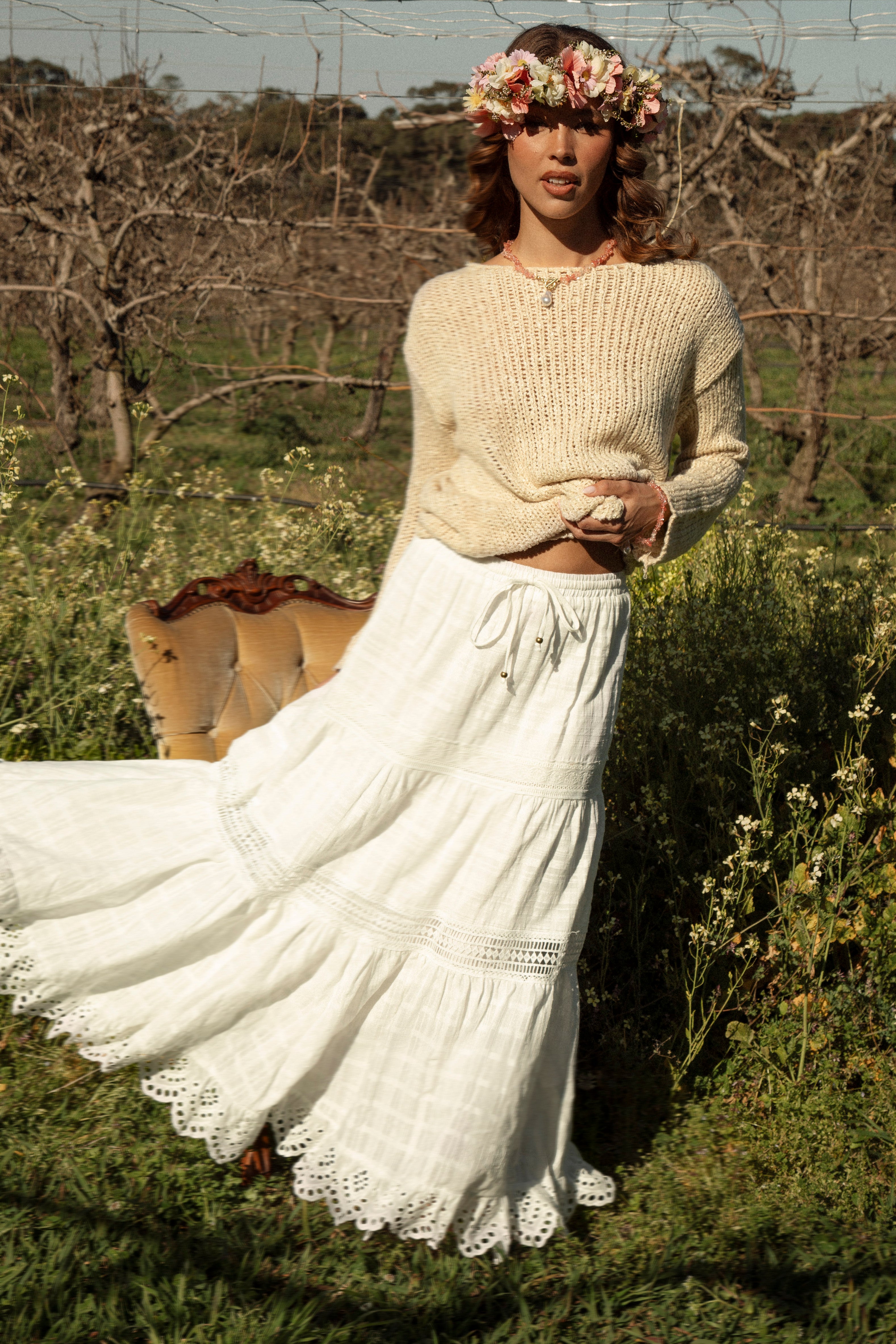 Marigold Cotton Maxi Skirt - boho style maxi skirt featuring lace details and drawstring waist