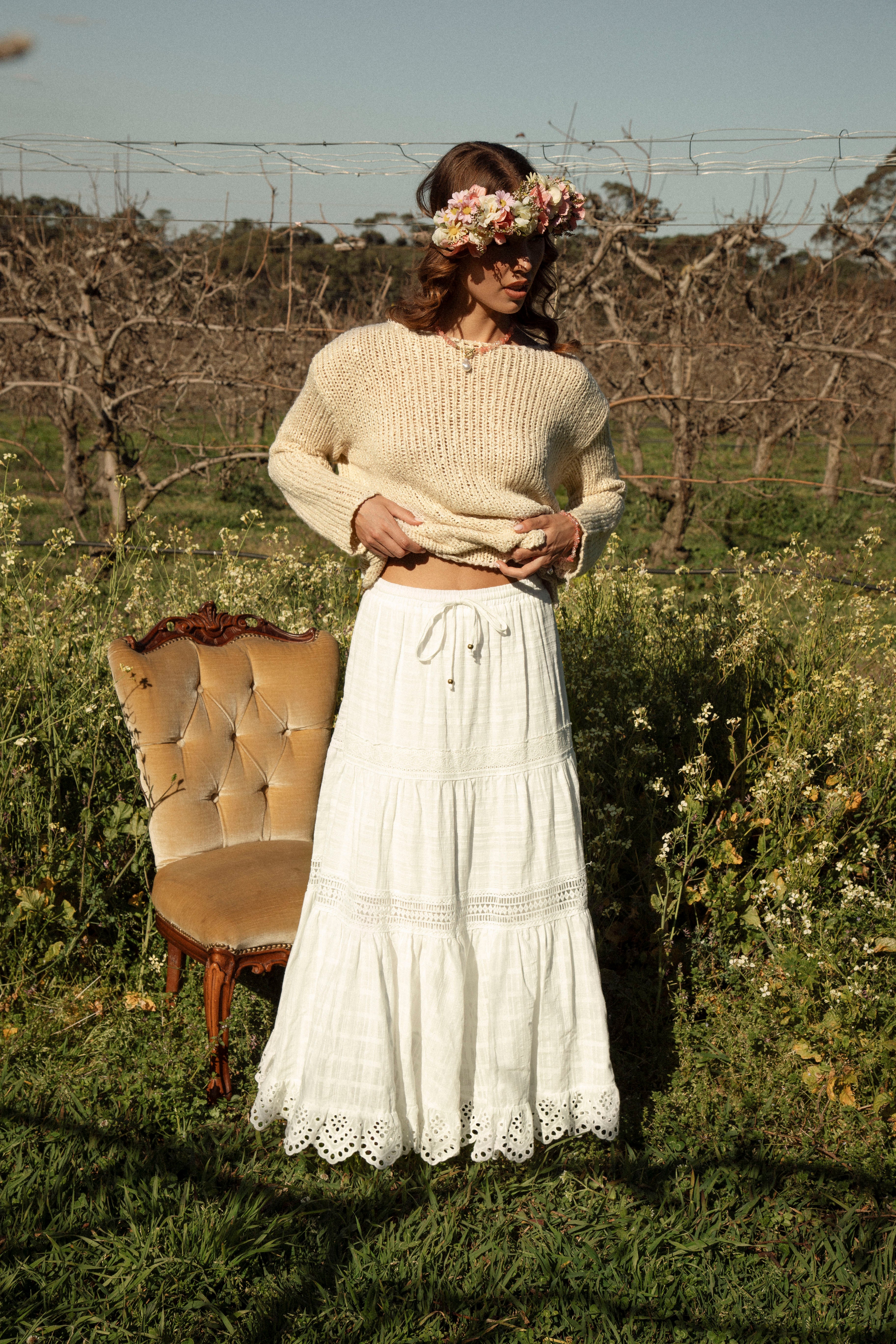 Marigold Cotton Maxi Skirt - Boho style white maxi skirt with lace details and tiered style