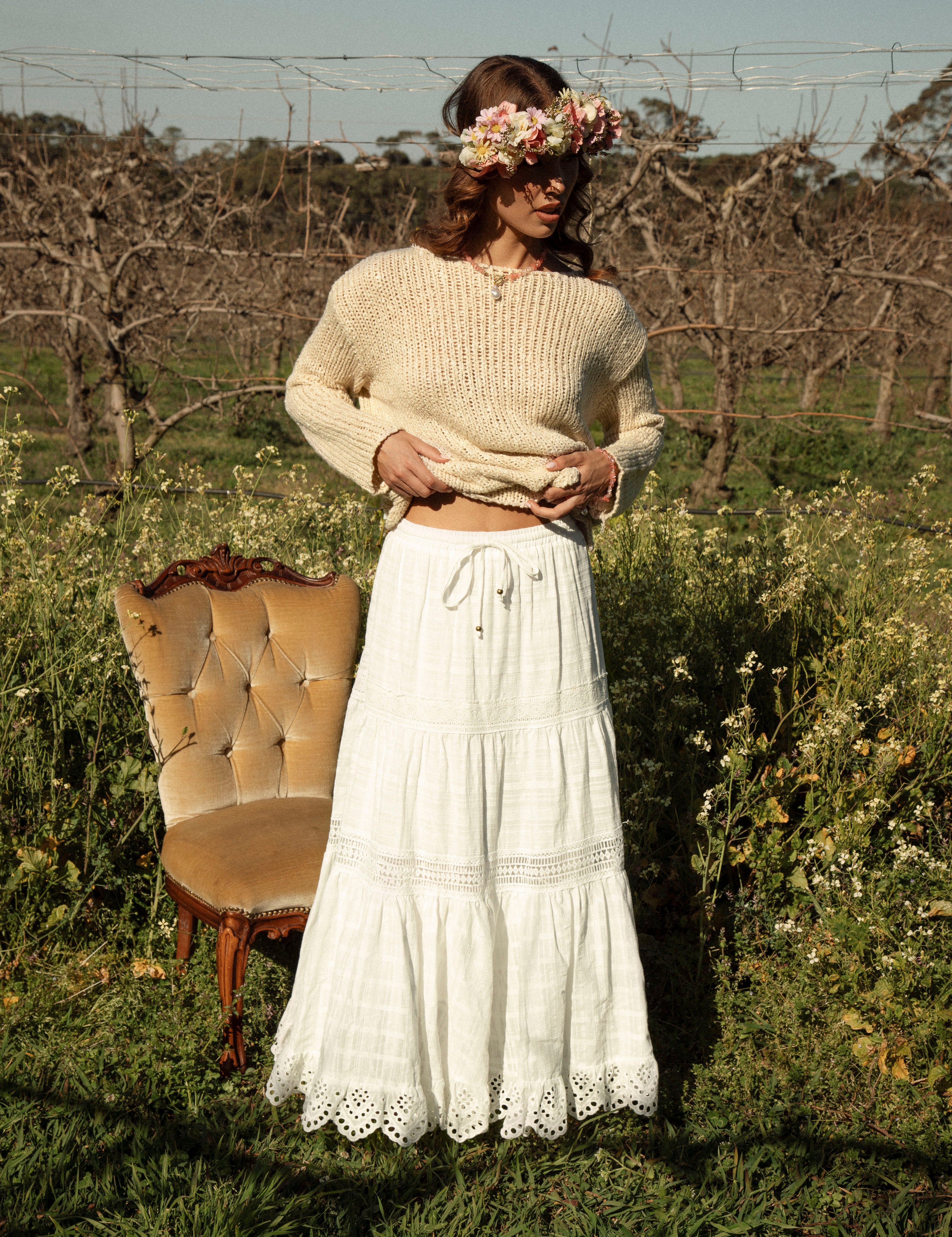 Marigold Cotton Maxi Skirt - Boho style white maxi skirt with lace details and tiered style
