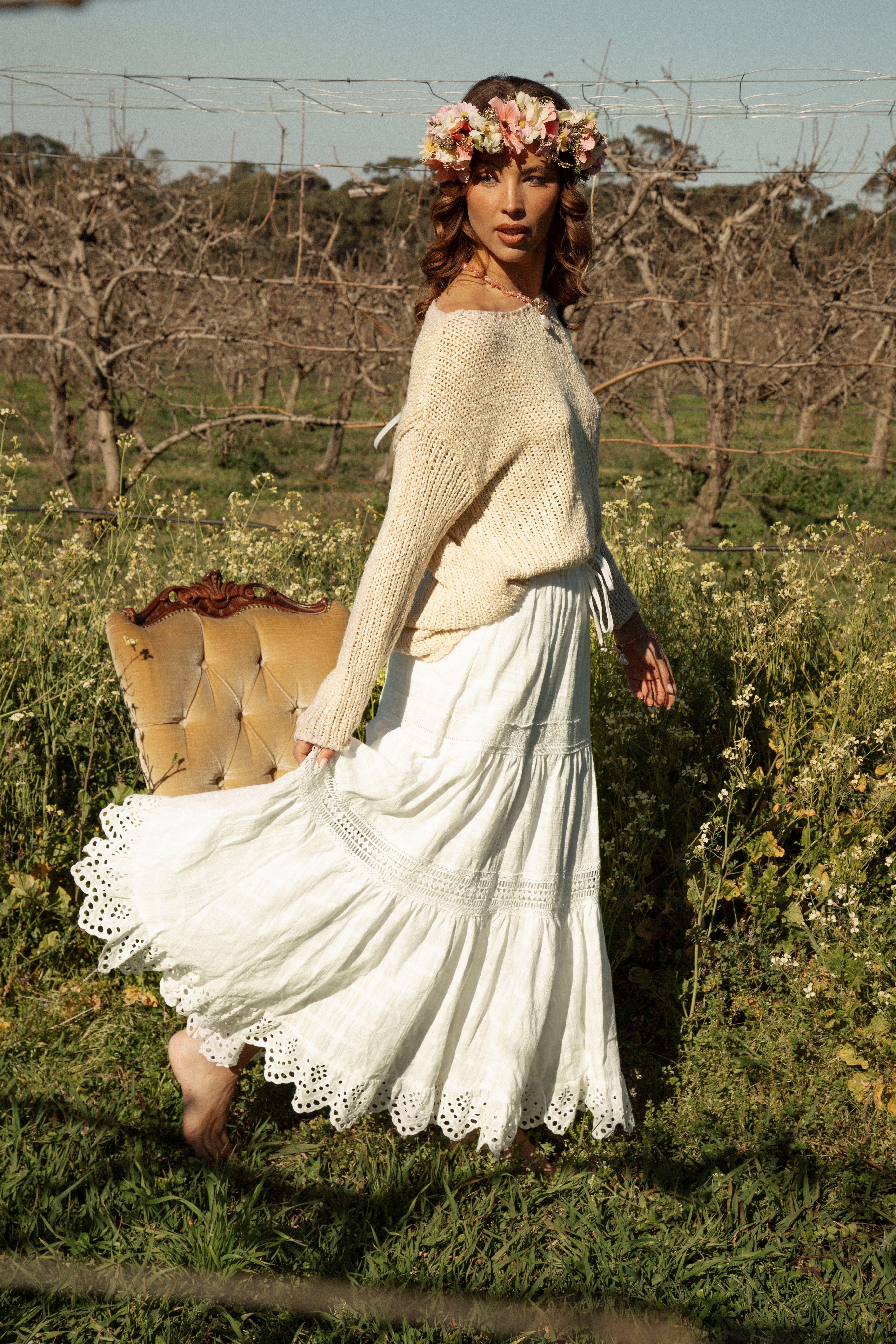 Marigold Cotton Maxi Skirt  - side view showcasing scalloped edging