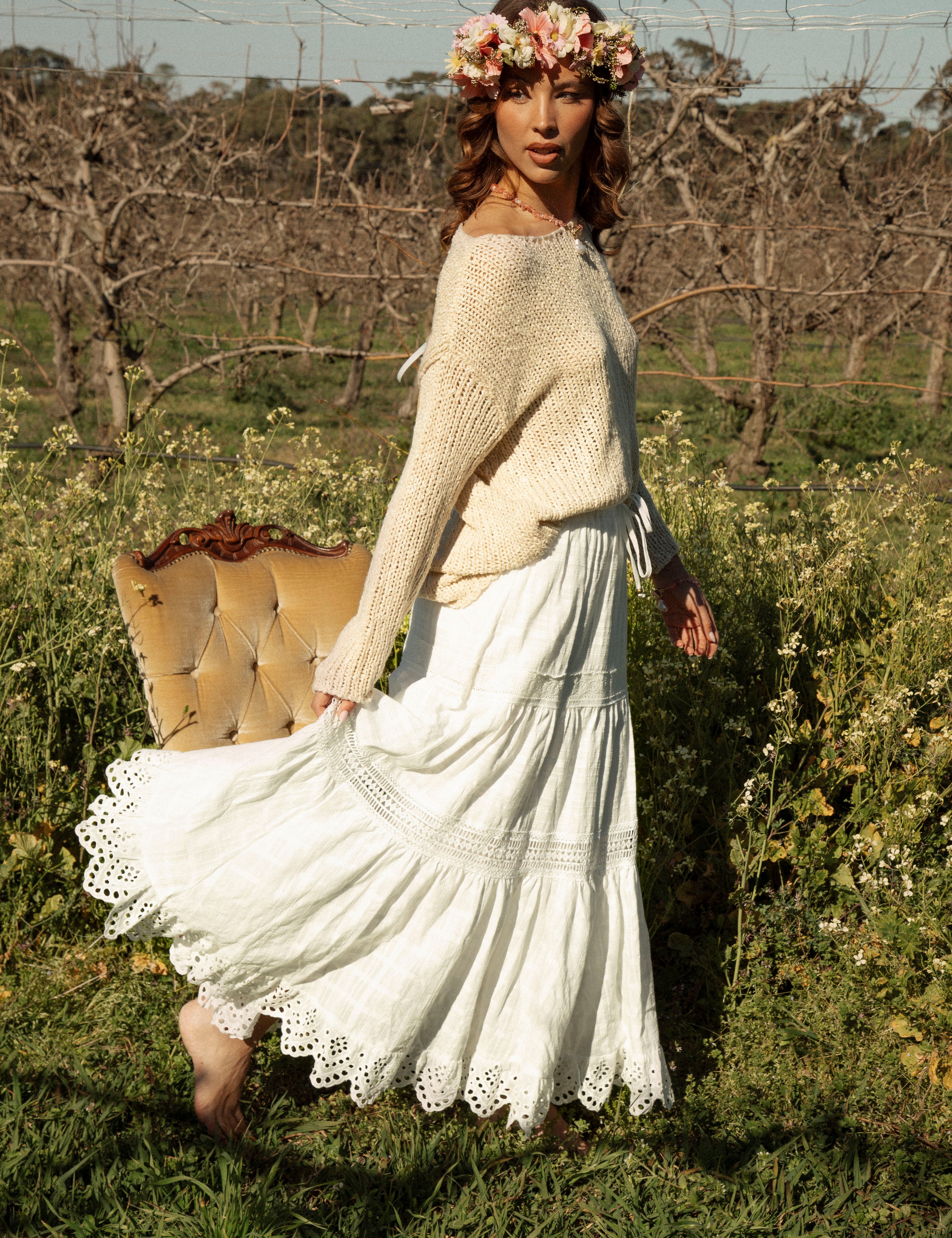 Marigold Cotton Maxi Skirt  - side view showcasing scalloped edging