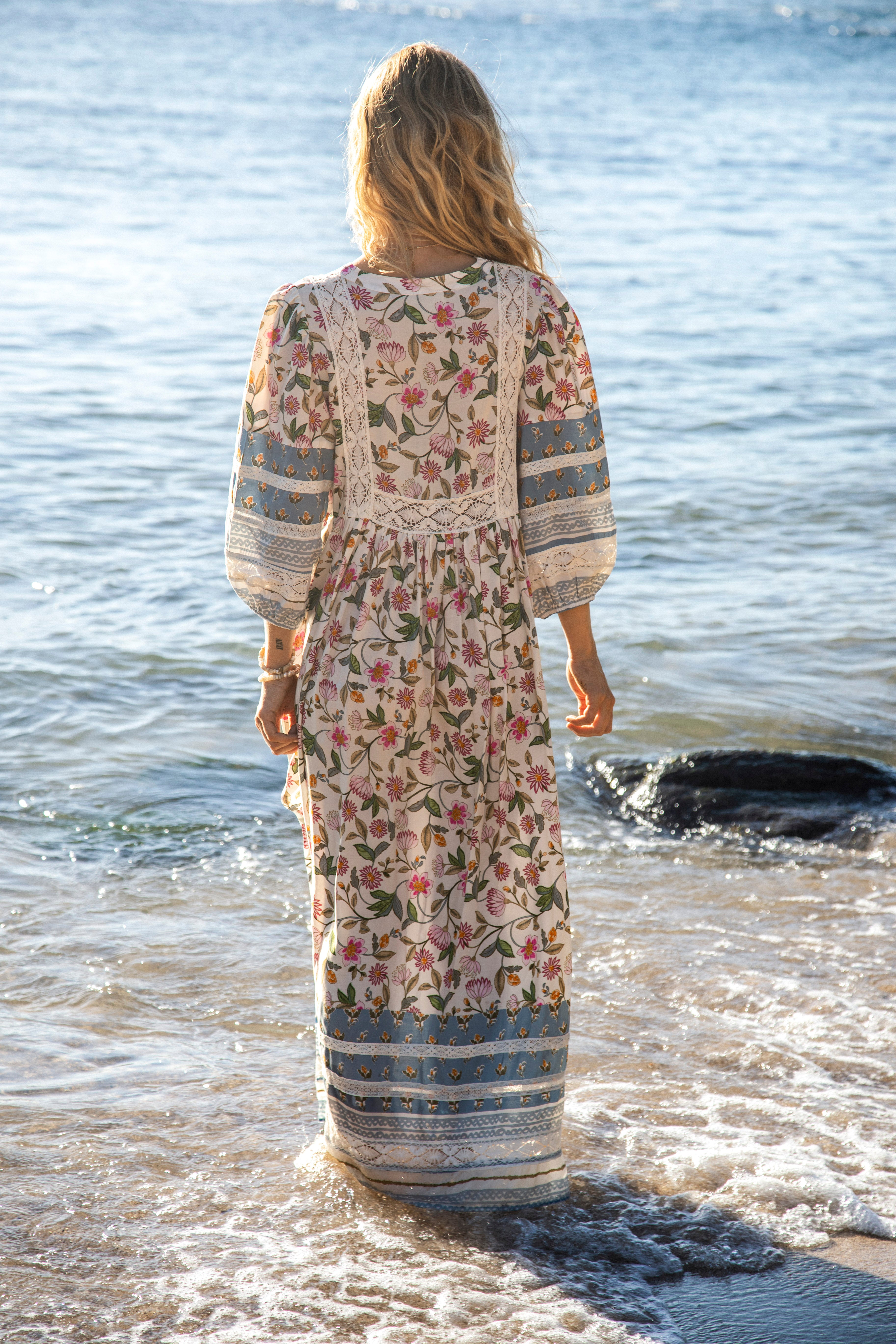 Meadow Maxi Dress Pixie Petals Rear View showcasing lace detail and delicate floral print