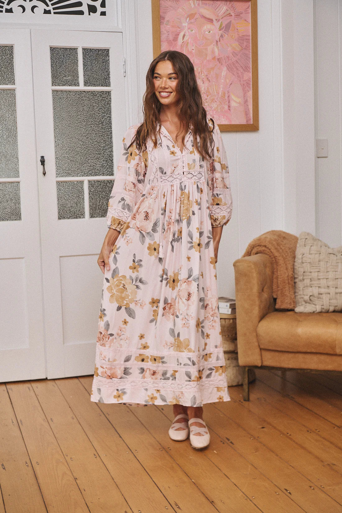 Meadow Maxi Valentina is a Bohemian Maxi Dress in cream colourway with floral print in Autumn tones