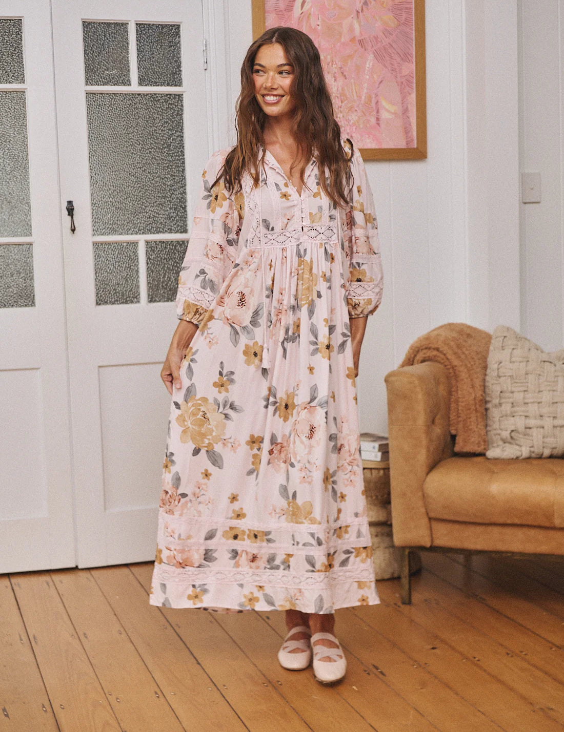 Meadow Maxi Valentina is a Bohemian Maxi Dress in cream colourway with floral print in Autumn tones