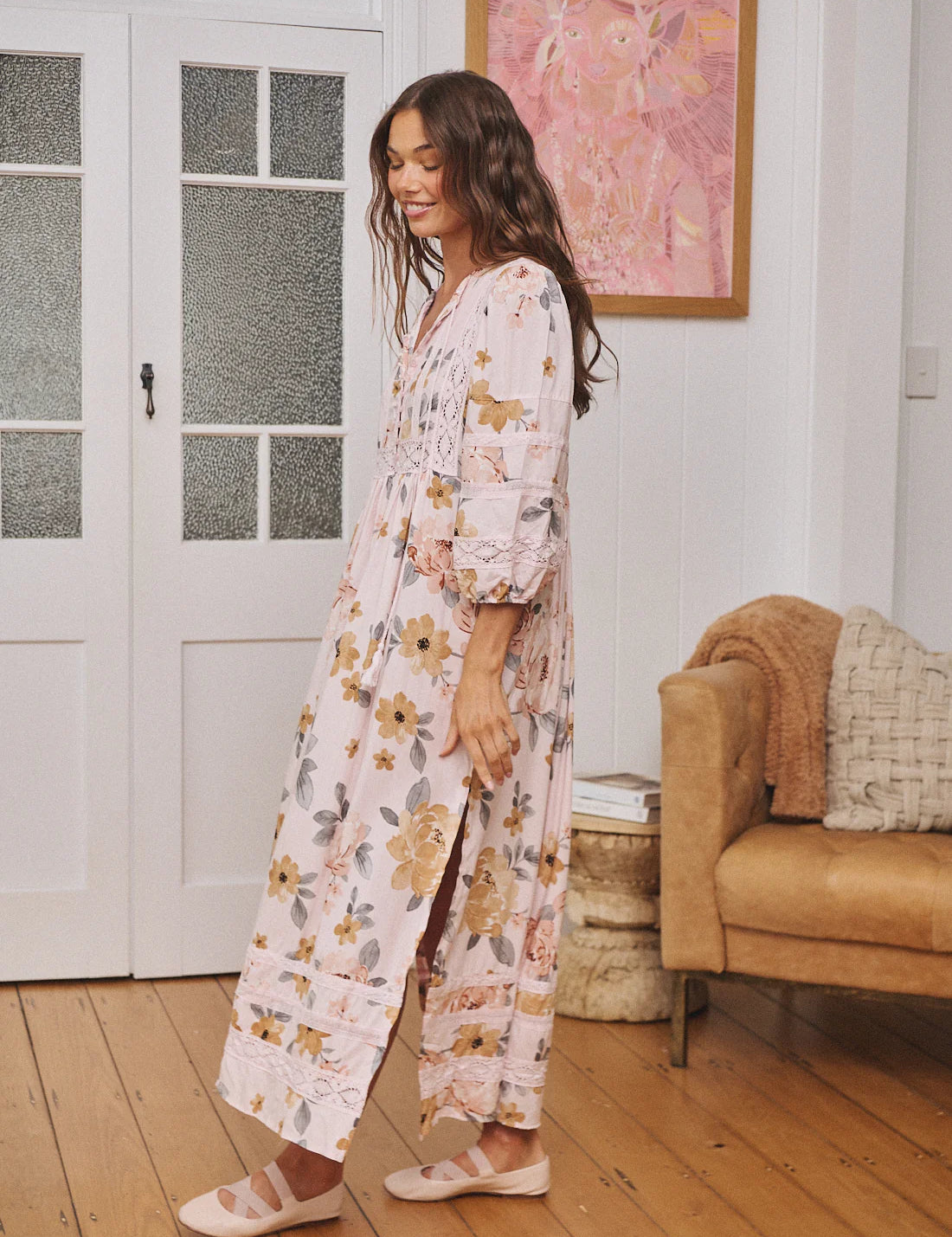 Meadow Maxi Valentina - Boho Maxi Dress. Side view showcasing side split and crochet detail at hem and sleeve