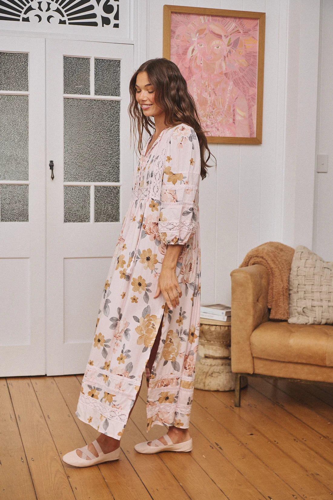 Meadow Maxi Valentina - Boho Maxi Dress. Side view showcasing side split and crochet detail at hem and sleeve