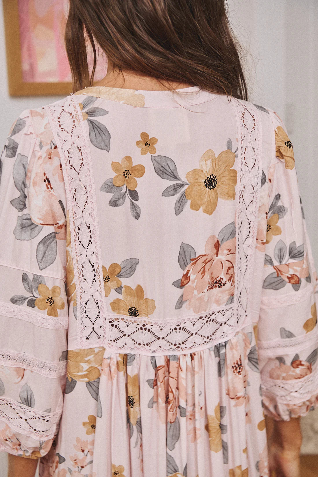 Meadow Maxi Valentina close up view of floral pattern and crochet detail