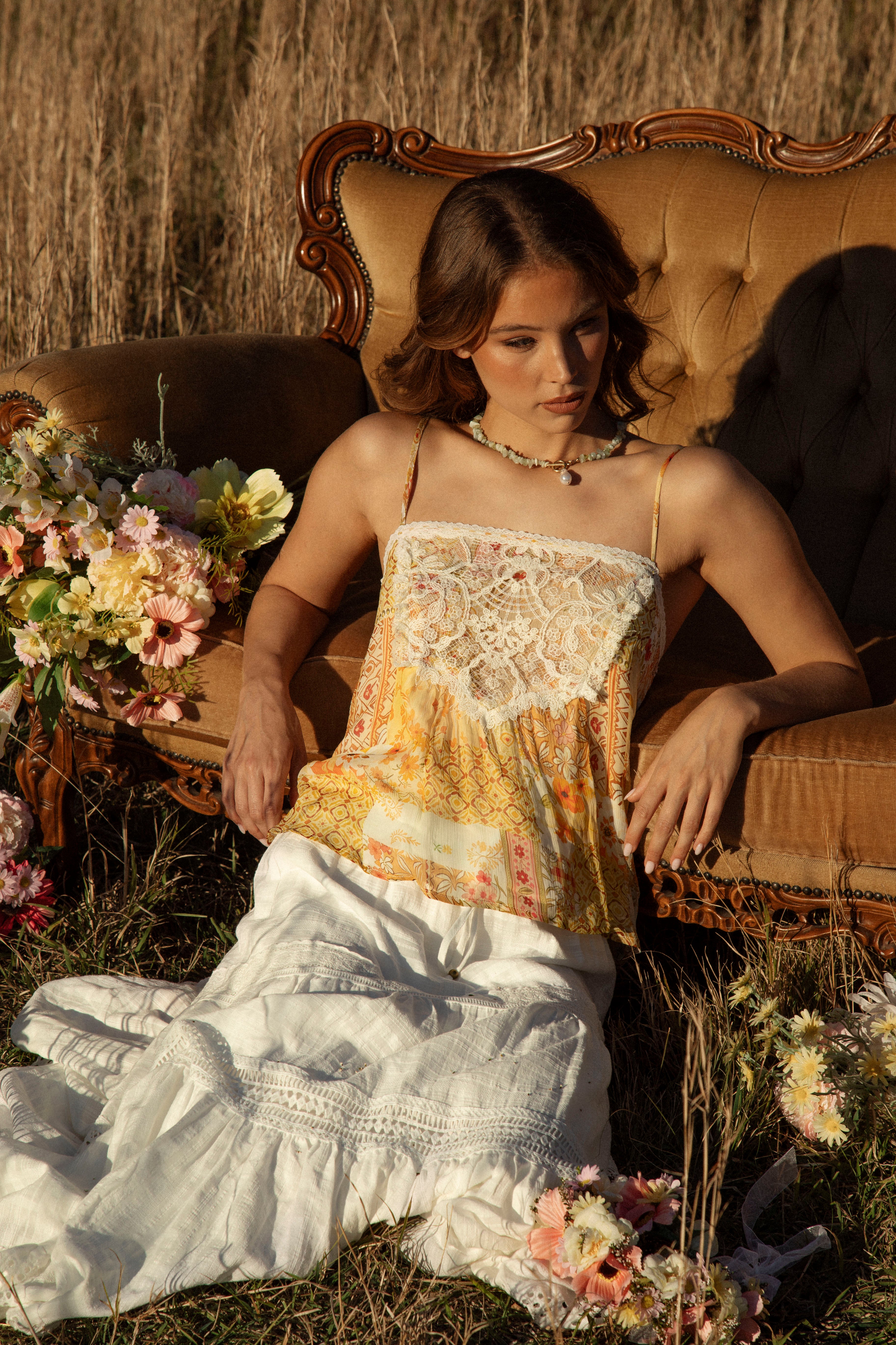Melody Camisole - Fields of Gold. Vintage inspired floral pattern in shades of mustard, orange and yellow.
