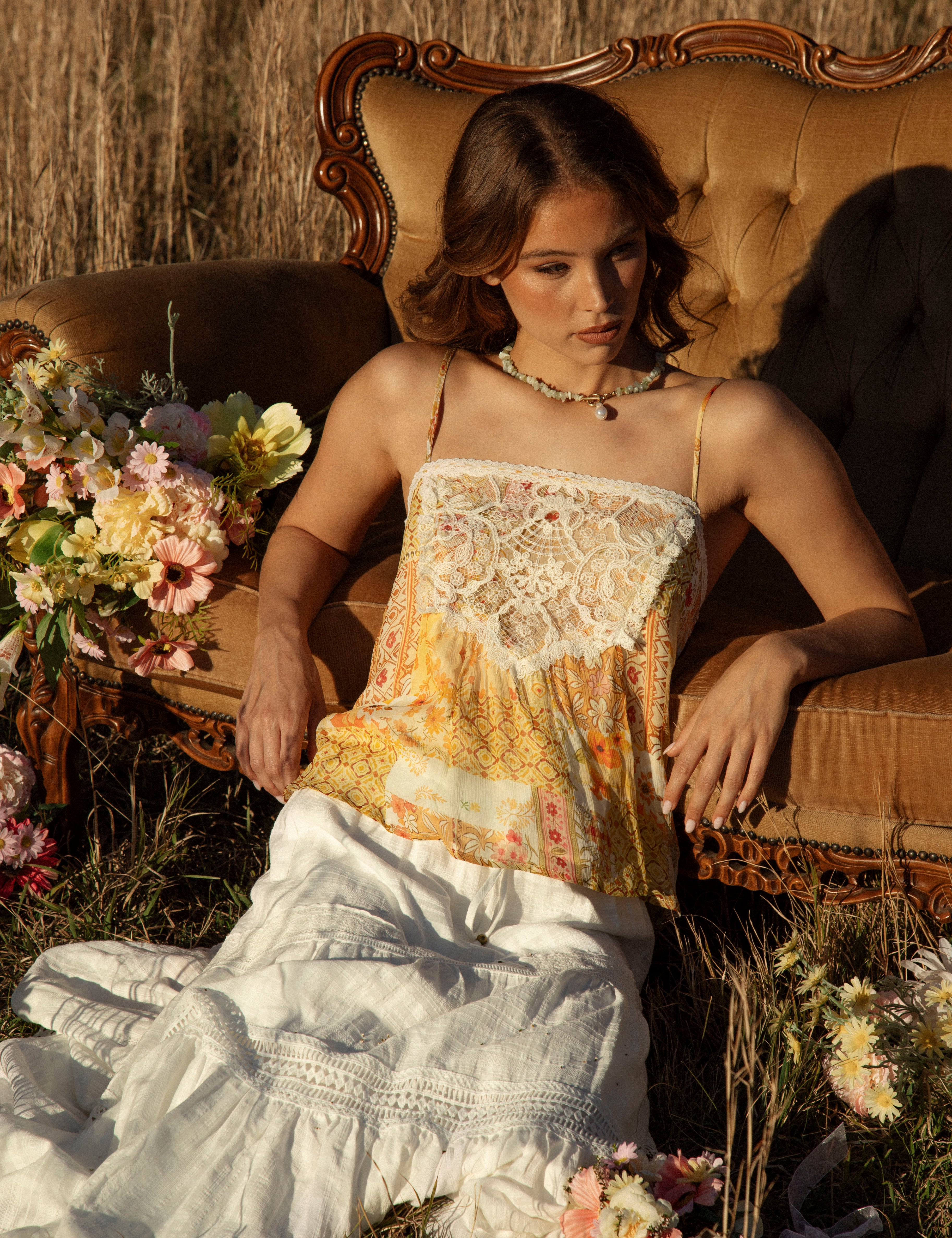 Melody Camisole - Fields of Gold. Vintage inspired floral pattern in shades of mustard, orange and yellow.