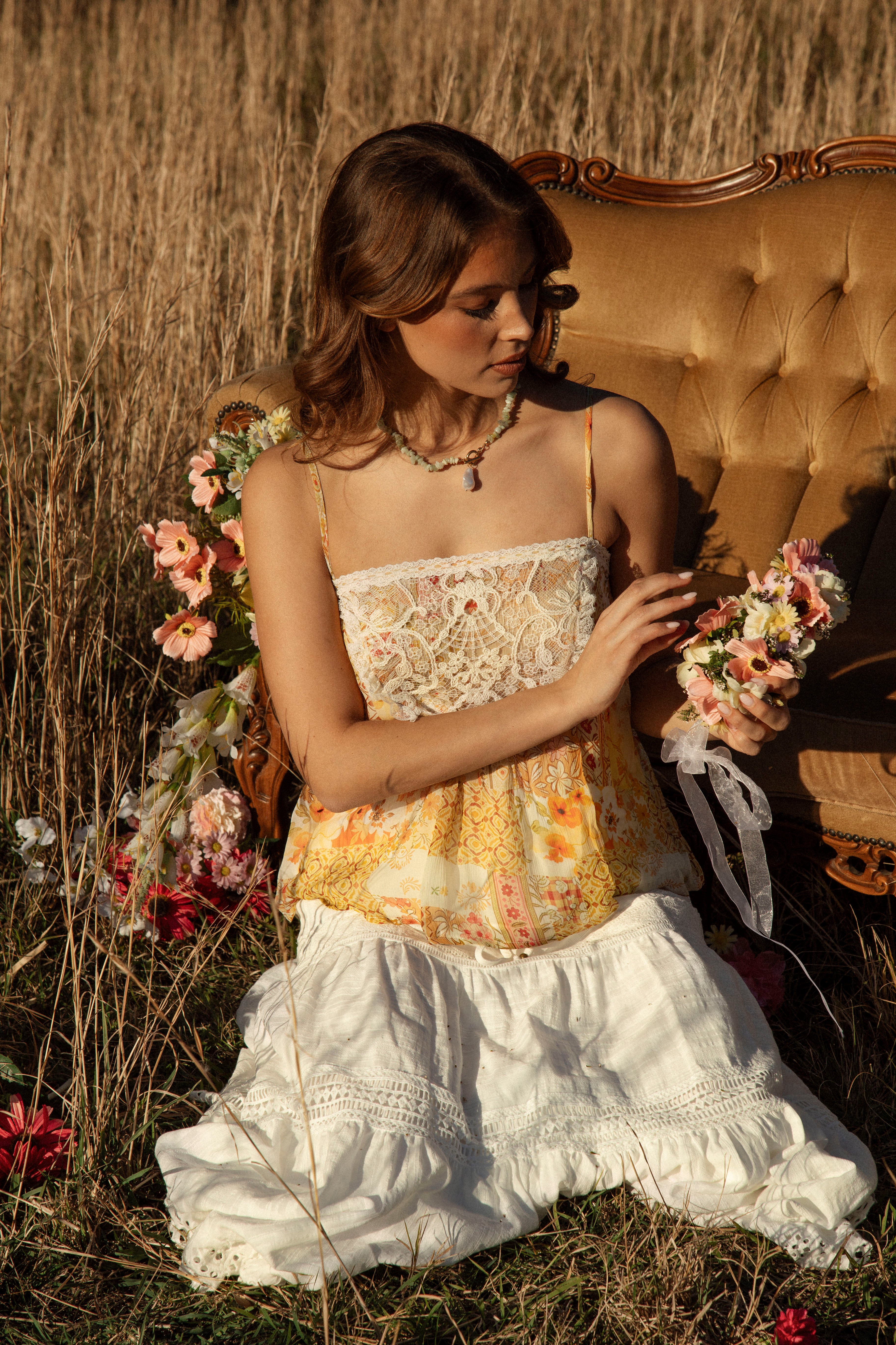 Melody Camisole Fields of Gold featuring lace detail, spaghetti straps and a floral pattern in shades of yellow and brown.