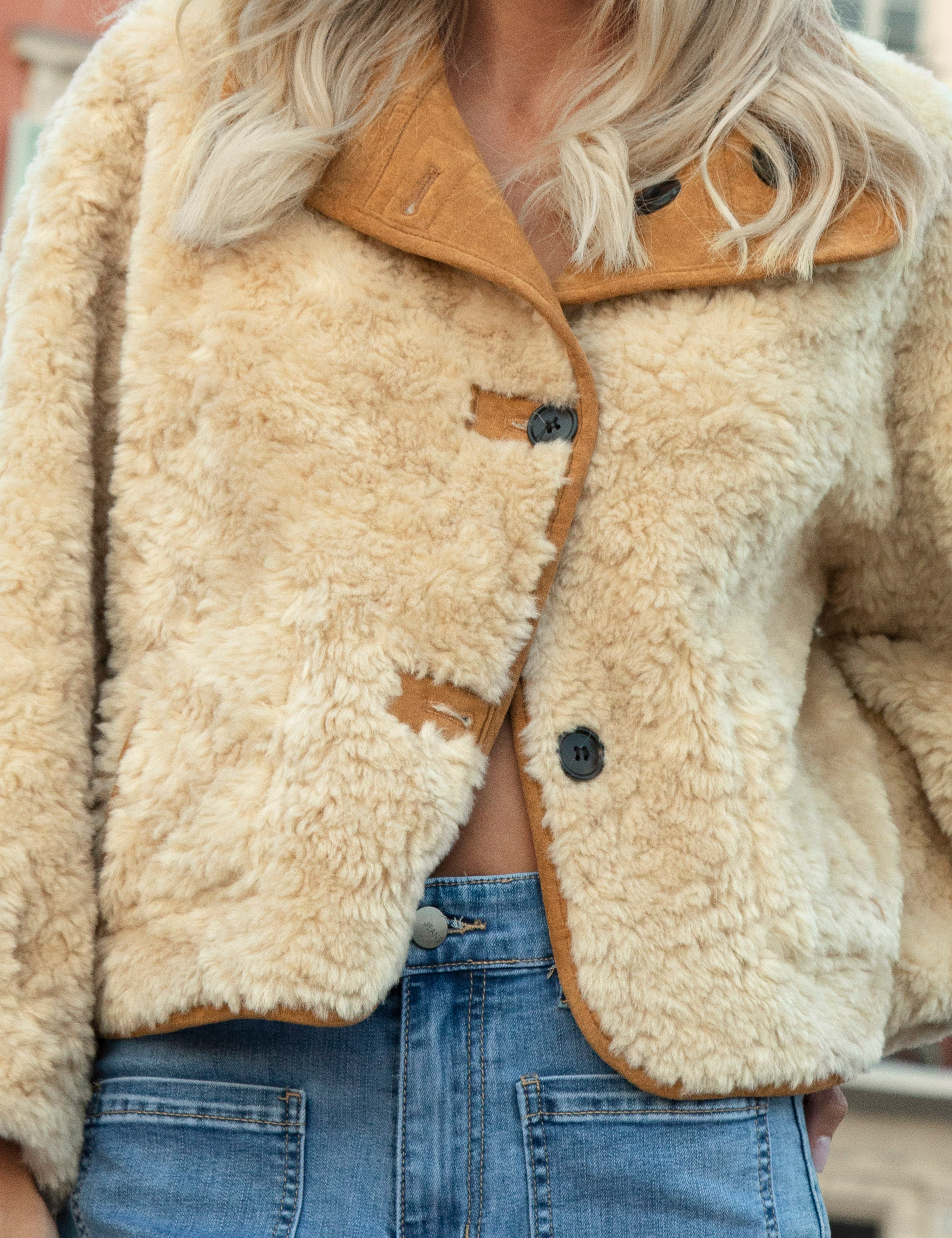 Milano Reversible Sherpa Jacket worn with sherpa lining as outer