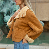 Milano Reversible Sherpa Jacket - side view with tan shell as outer