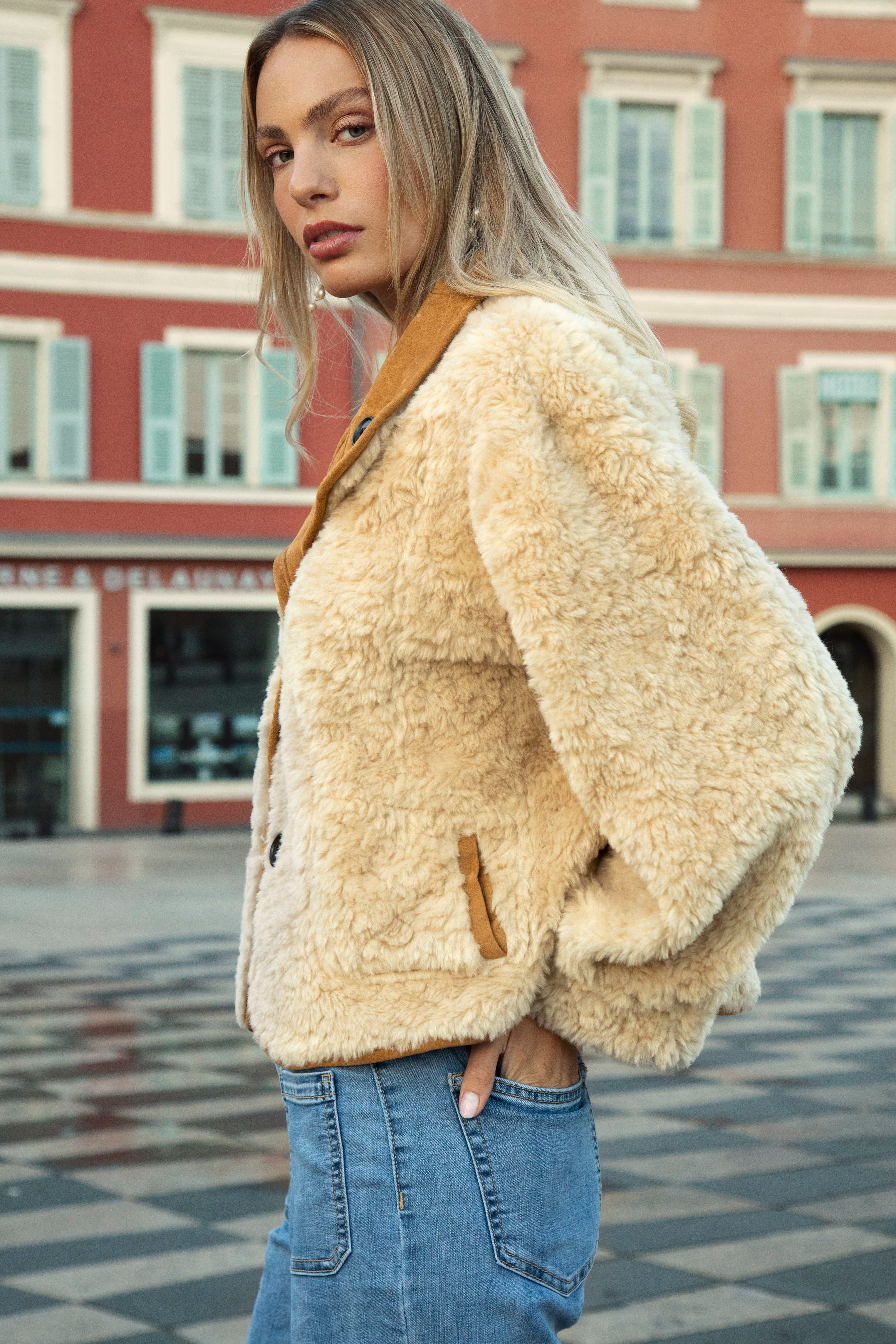 Milano Reversible Sherpa Jacket - side view with sherpa lining as outer