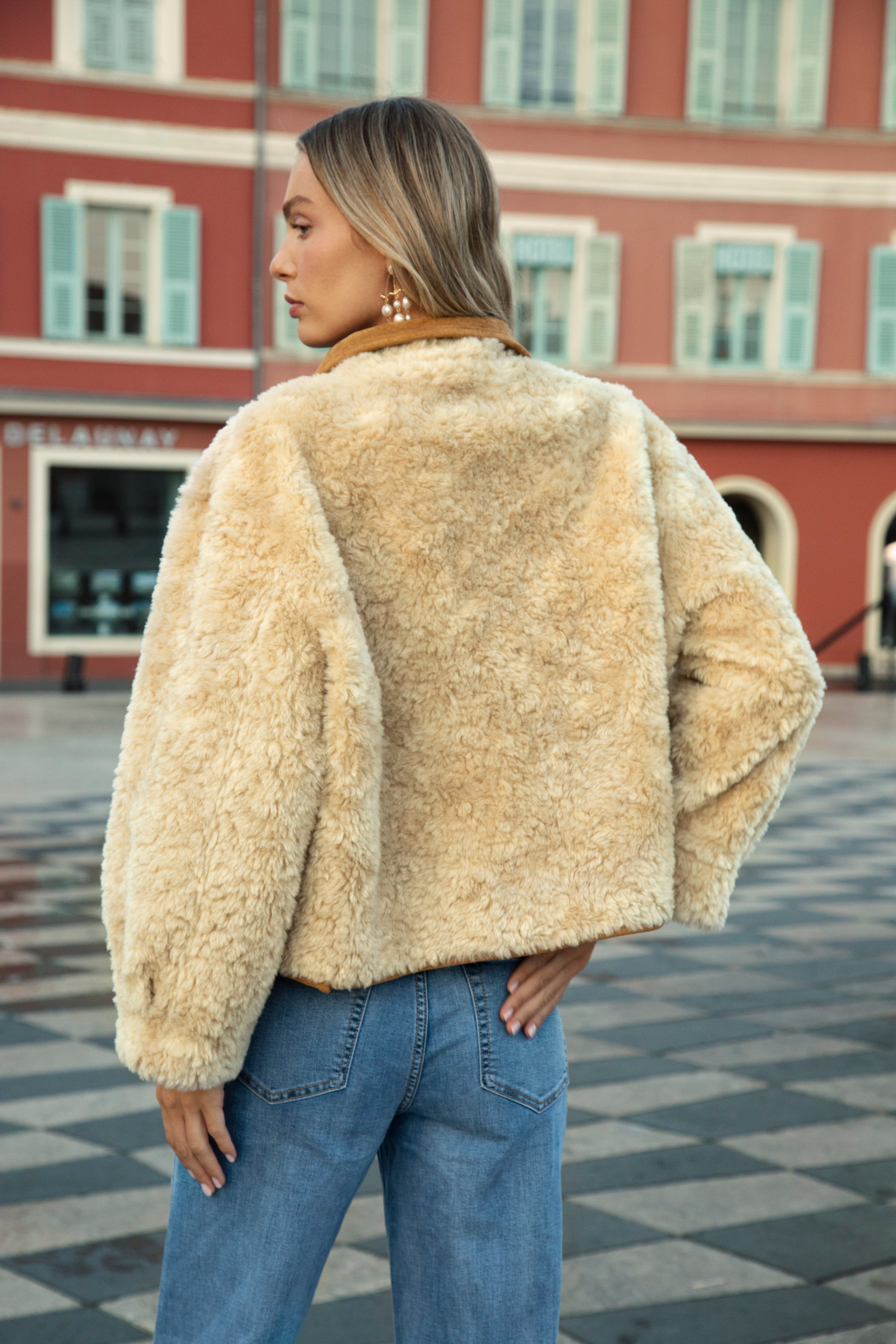 Milano Reversible Sherpa Jacket - rear view with sherpa lining worn as outer