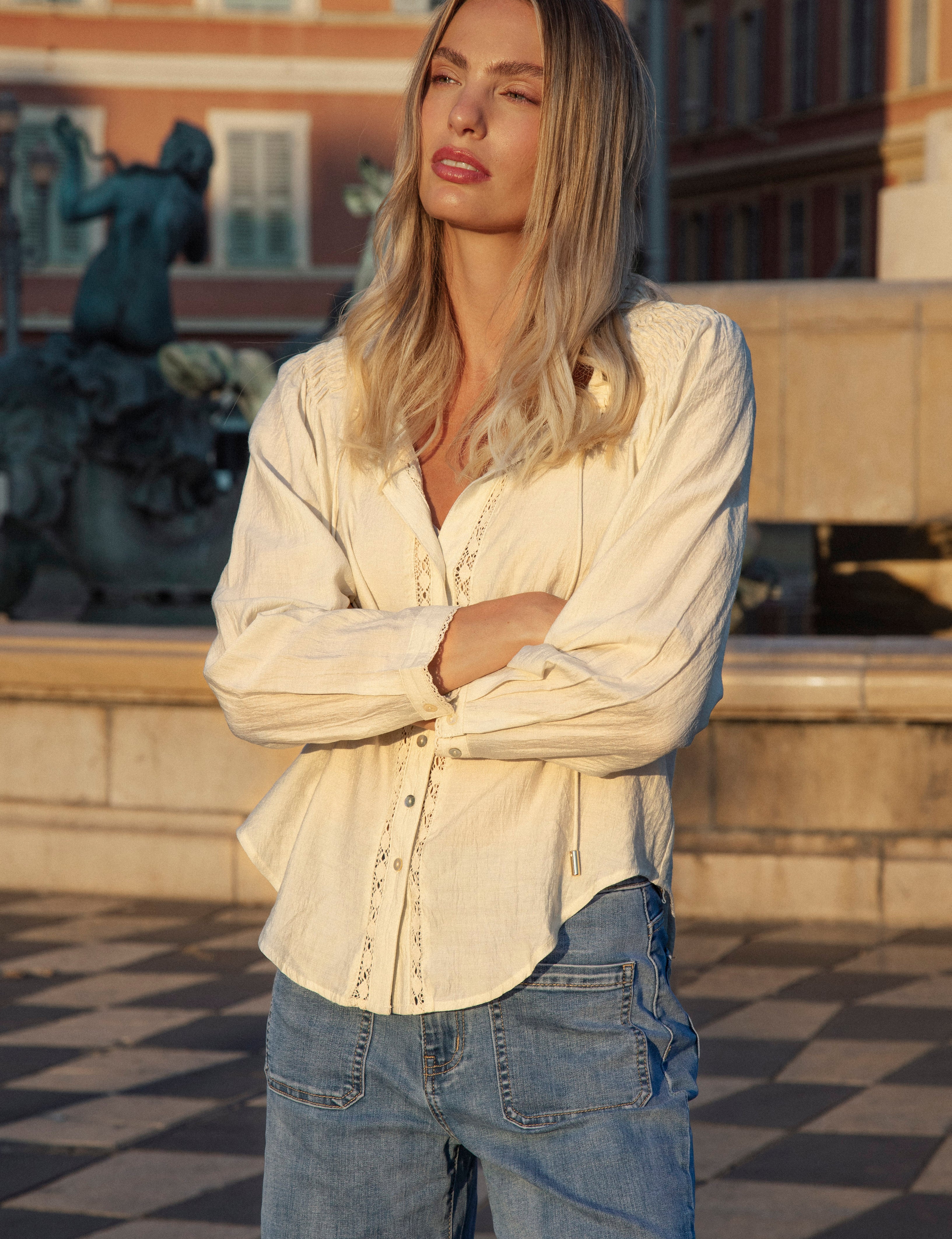 Mirella Blouse - cream blouse featuring crochet details and tie closure at neck