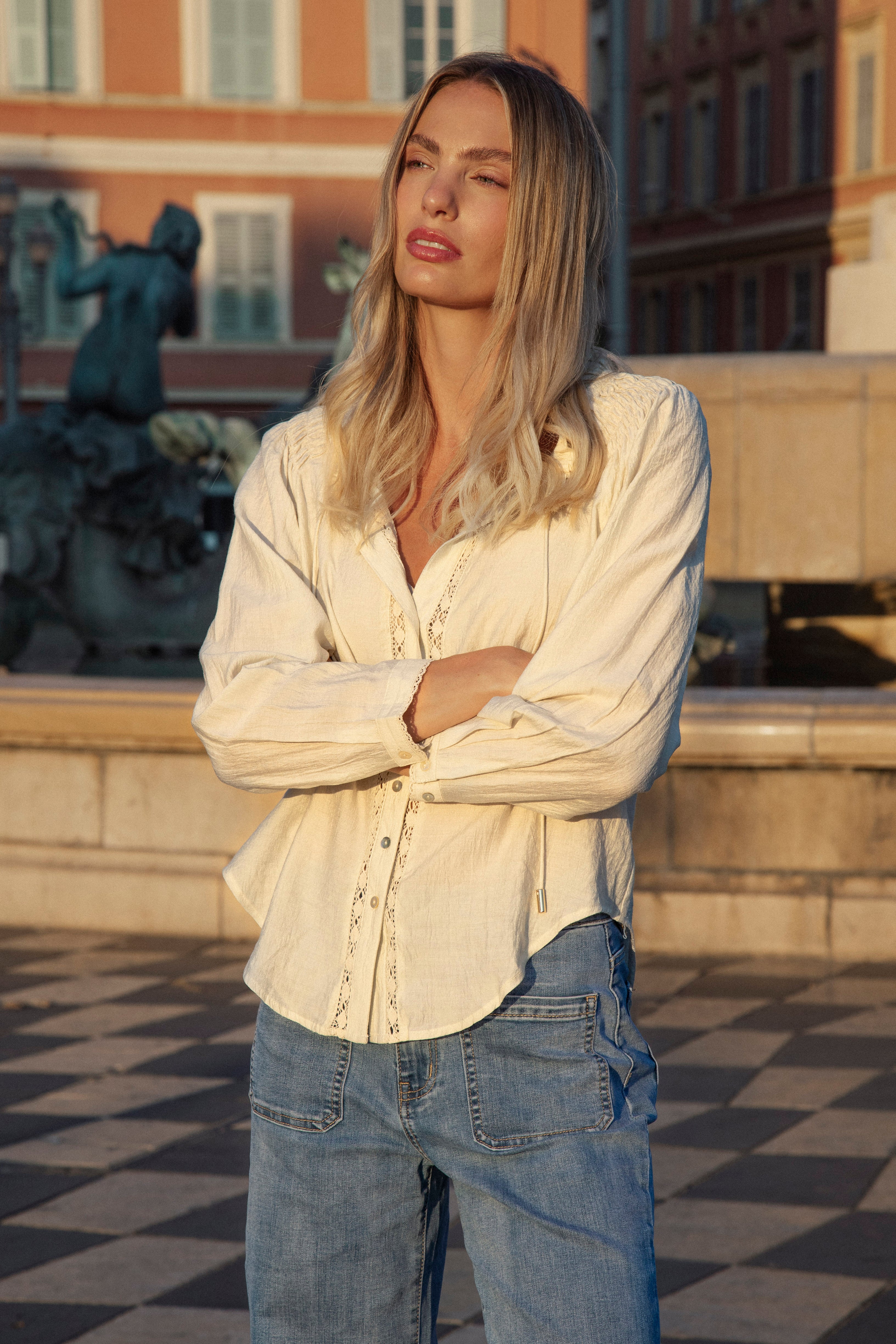 Mirella Blouse - cream blouse featuring crochet details and tie closure at neck